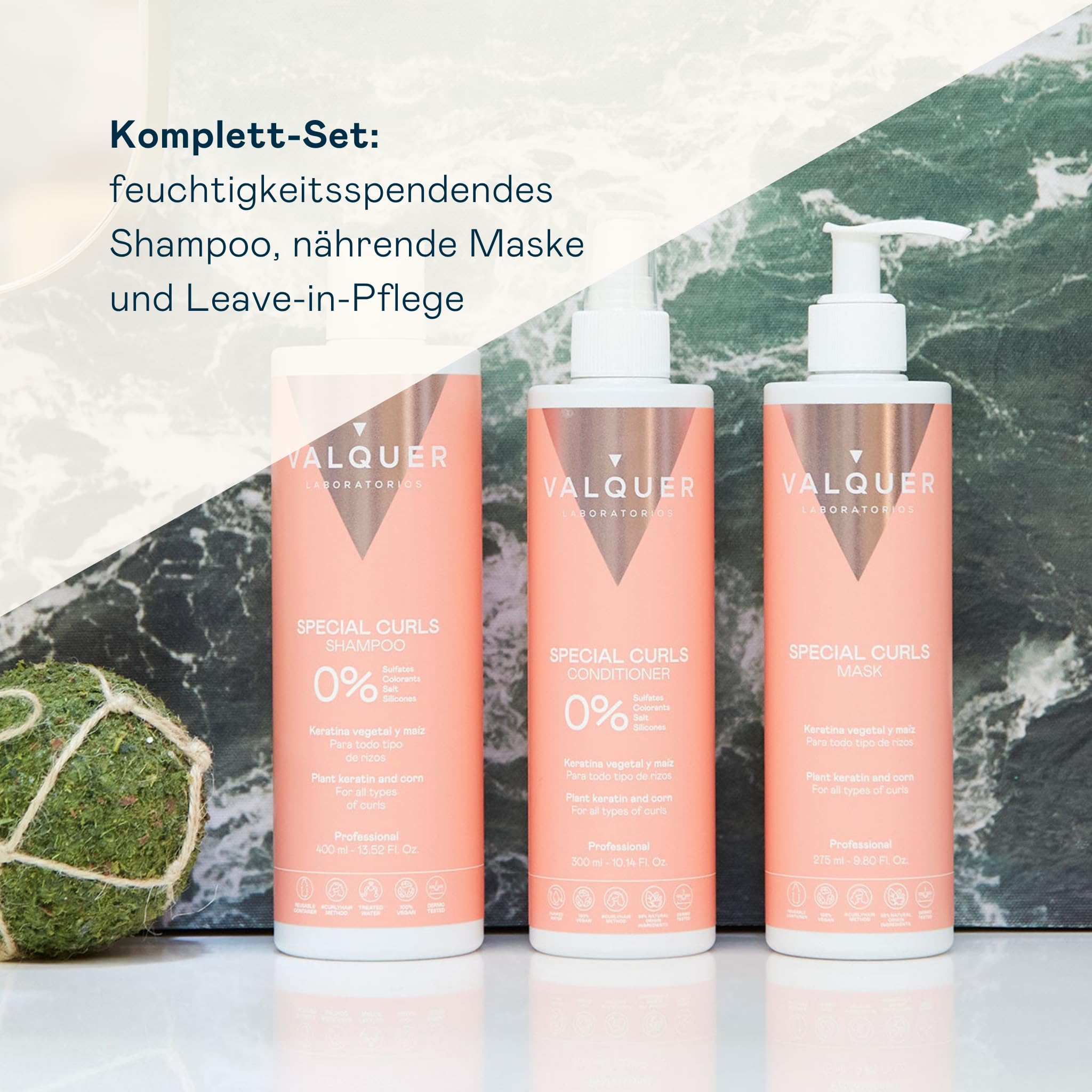 Valquer Spezial-Locken-Set | Shampoo, Maske und Conditioner | 400 + 275 + 300 ml | Pflege für Curly Girl | Spendet Feuchtigkeit und macht das Haar geschmeidig mit Keratin und Mais | Vegan