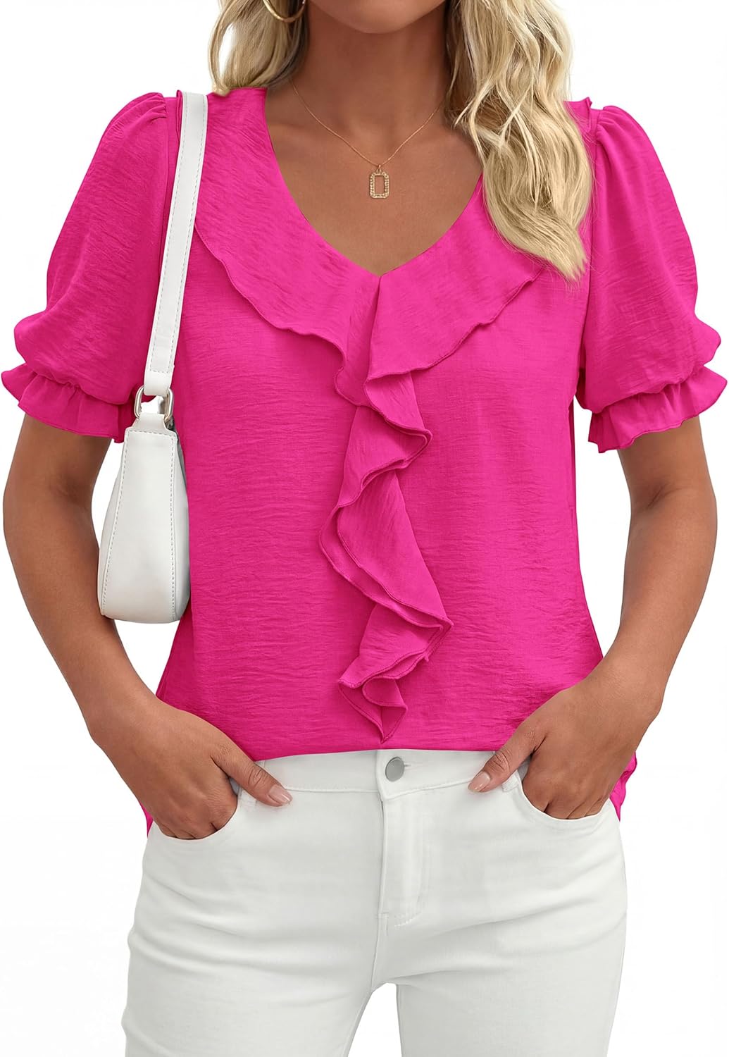 PRETTYGARDEN Women's Summer Dressy Casual Blouses 2026 Short Sleeve V Neck Ruffle Business Work Tops Trendy Spring Outfits