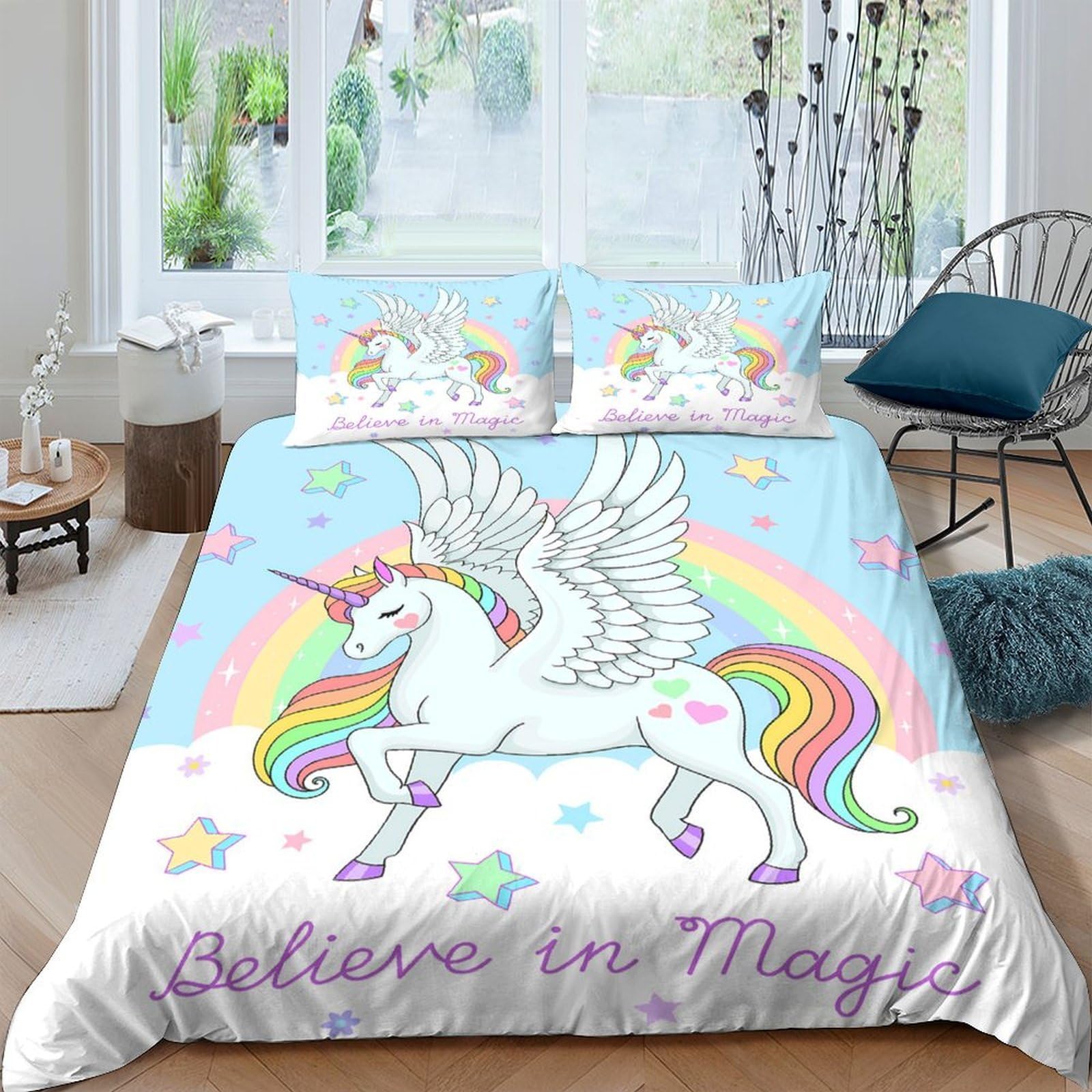 Ctjqhvkz Style-1 3D Printed Rainbow Unicorn Fitted Sheet Microfiber Soft Pastel Pegasus Bed Cover For Bedroom Guest Room Dorm Mattress Decor Single（135X200cm）