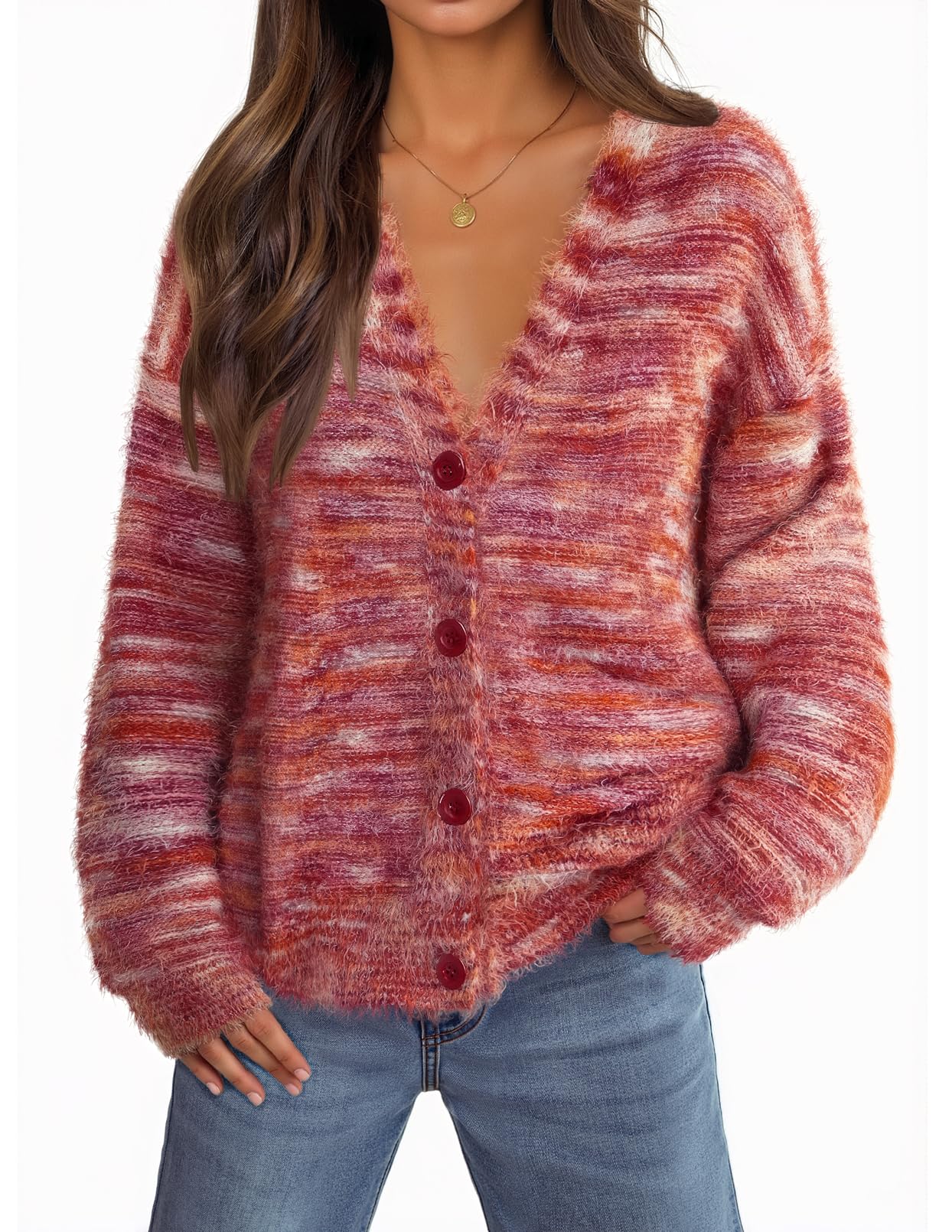 MEROKEETY Womens Fall Fuzzy Colorful Knit Cardigan Sweaters Winter Button Down Boho Casual Long Sleeve Outerwear Top