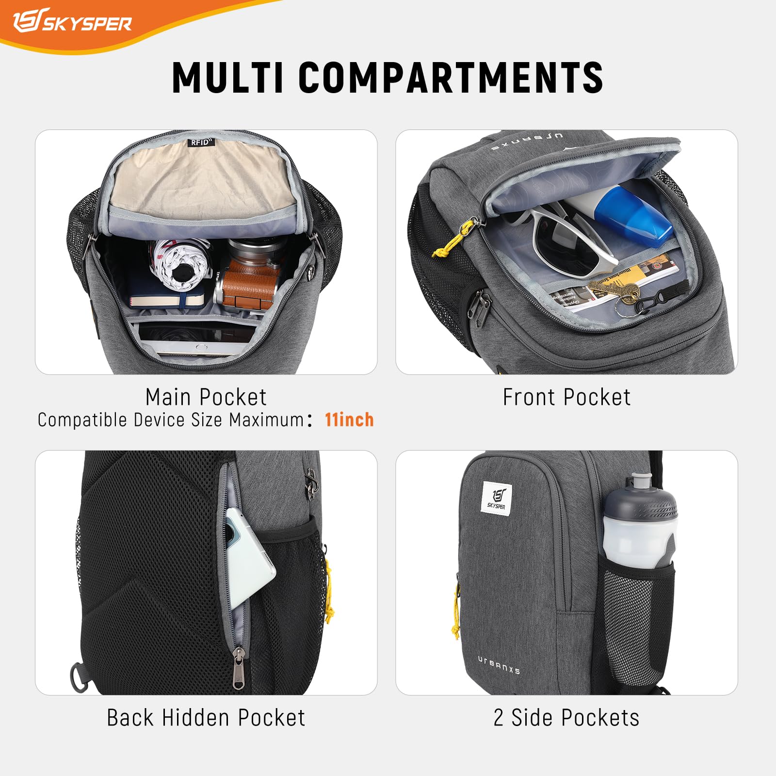 SKYSPER Zaino Monospalla con Protezione RFID, Borsello Monospalla Uomo Antifurto Borsa a Tracolla da Petto per Viaggio Passeggio Trekking