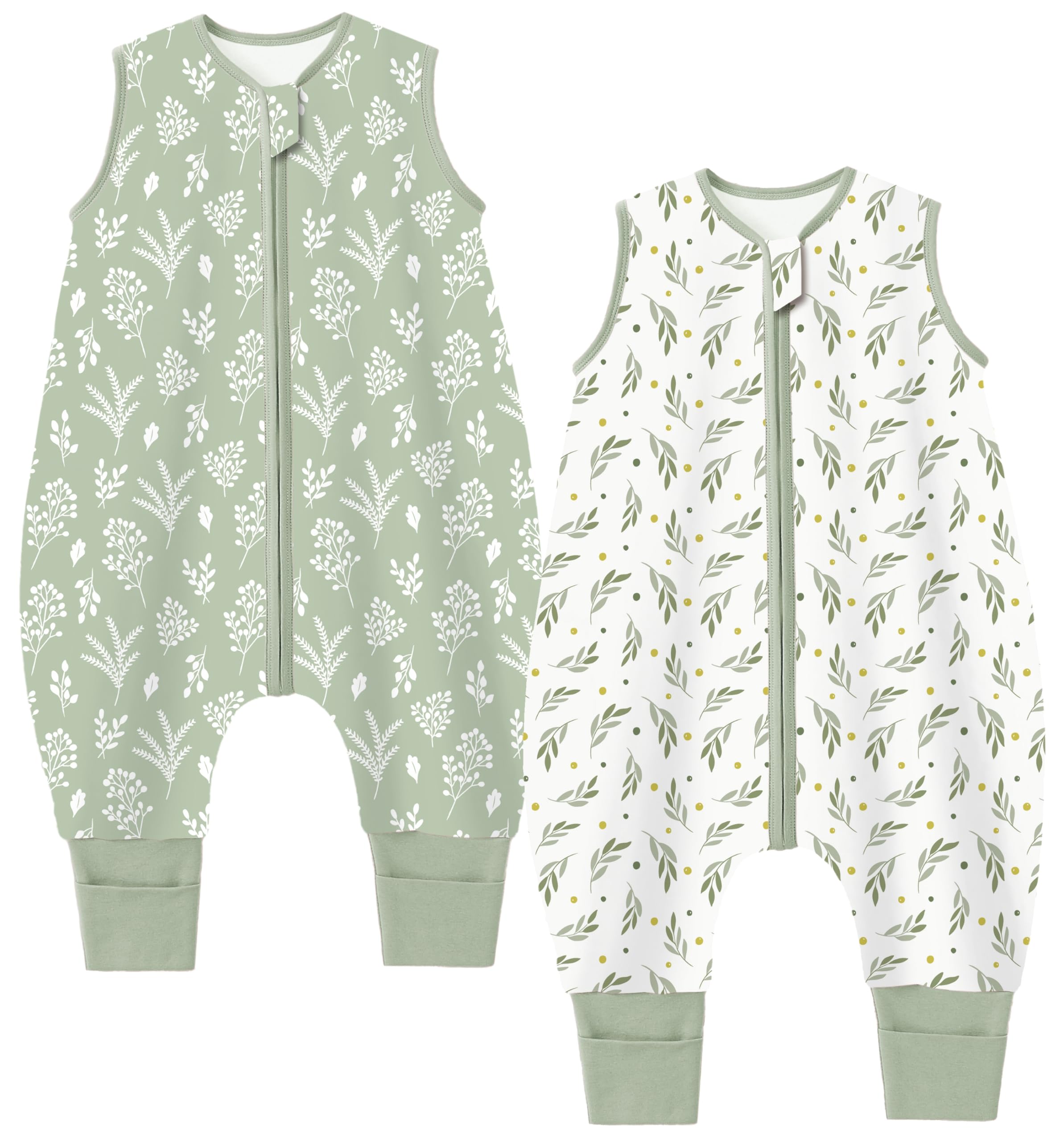 Chilsuessy Toddler Sleeping Bag with Feet 2pcs 1.5 Tog Baby Sleeping Sack with Legs 100% Cotton, 1.5 Tog/Green Plants Set, 90cm/3-4 Years