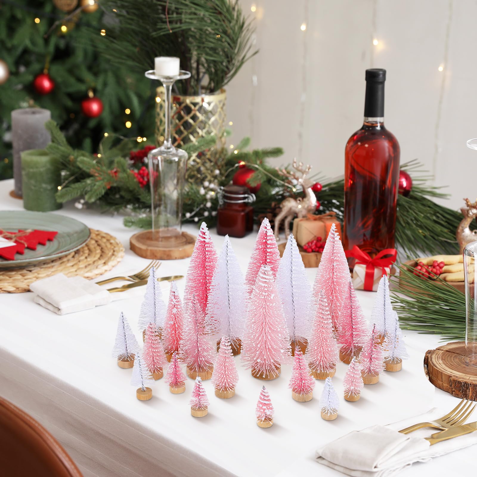 Leyndo 24 mini árbol de Navidad artificial rosa y blanco con base de madera, decoración de Navidad para mesa de Navidad, adornos de invierno, hogar, cocina, manualidades, 24 unidades