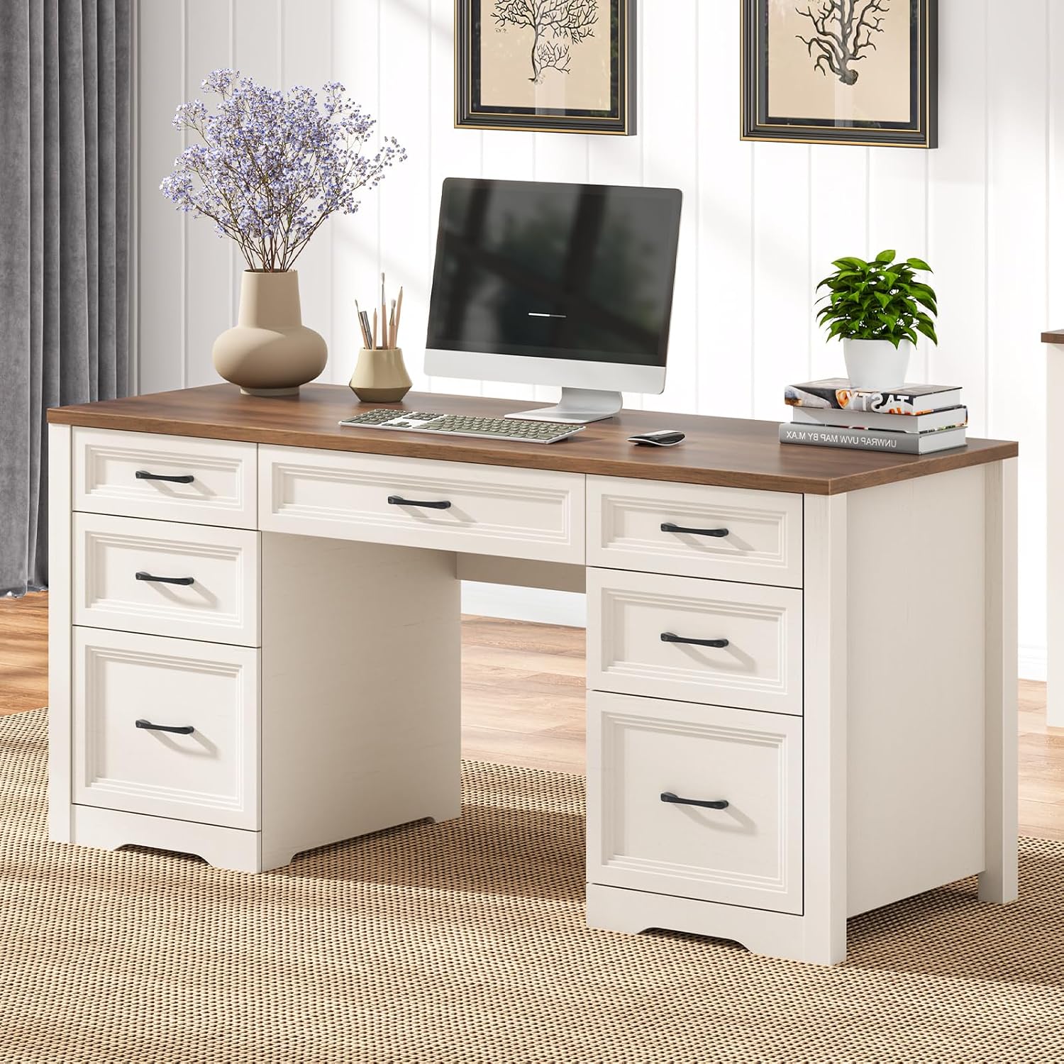 Vabches Farmhouse Executive Desk with File Drawer, Home Office Desk with Ample Storage, Rustic Office Desk with Spacious Tabletop for Work, Brown