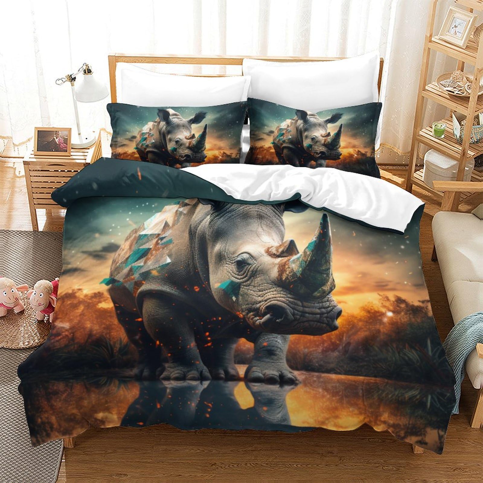 Housse de couette rhinocéros 3D grand lit ado garçon literie 3 pièces