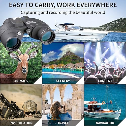 Miniatura 6 de Prismáticos marinos de 10 x 50 pulgadas para adultos, prismáticos militares impermeables con brújula telémetro BAK4 prisma FMC lente canotaje, pesca