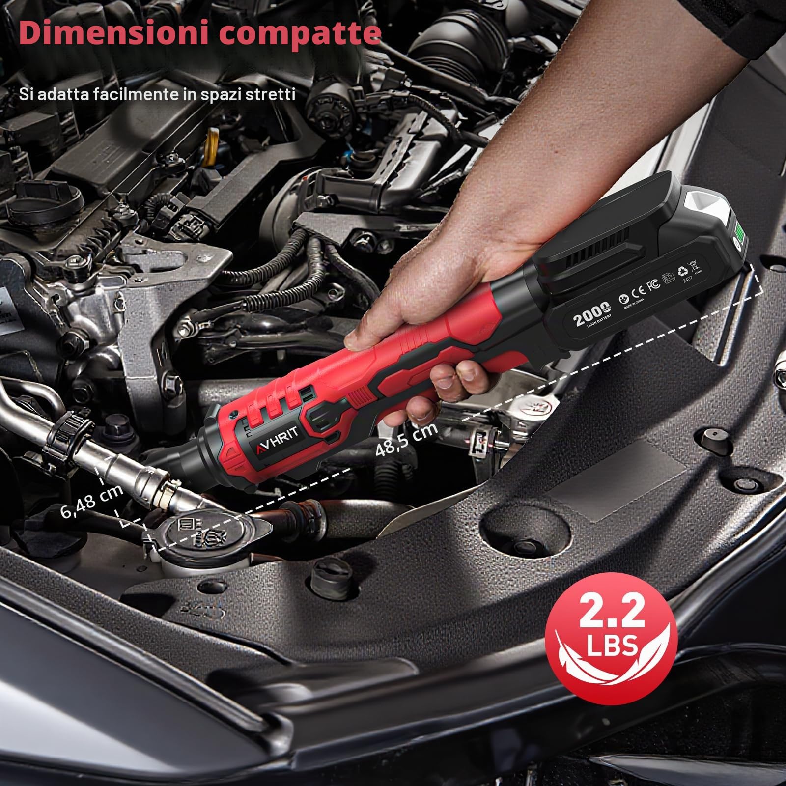 Chiave a cricchetto elettrica 3/8" Senza Fili: 120Nm (88 Ft-lbs) + 200 RPM, con 2 Batterie 2.0Ah, Luce LED e Set da 11 Boccole,Potente chiave elettrica per Auto e Riparazioni Domestiche