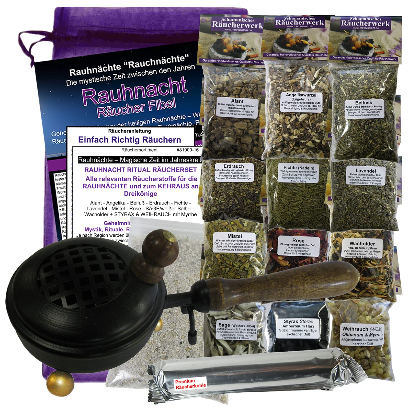Räucherset zum räuchern mit Räuchergefäß, Räucherzubehör, Rauhnachtfibel, Salbei, Weihrauch, Myrrhe, Styrax uvm. [12x Räucherwerk]. 81900-16ST/3165G