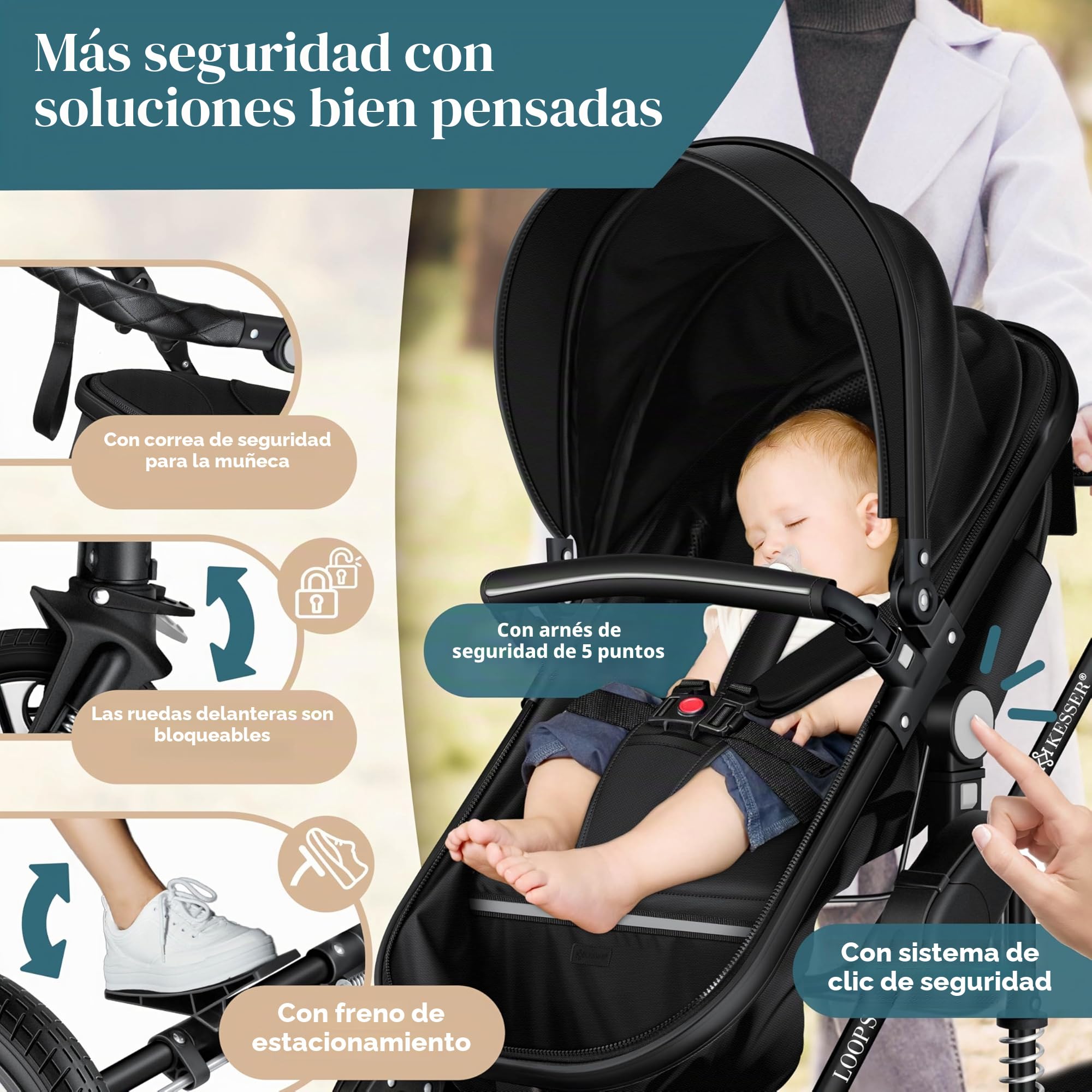 KESSER® Loops 3 in 1 Stroller combo juego completo de sillas de paseo incl. Asiento deportivo para bañera y silla de paseo, neumáticos de caucho macizo, bolso cambiador