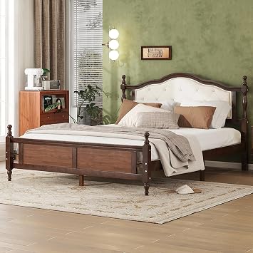 Queen Size Platform Bed, Pine Wooden Bed with Upholstered Headboard and Footboard, with Two Bed Rail Support Feet and Central Platform Support Feet, Walnut