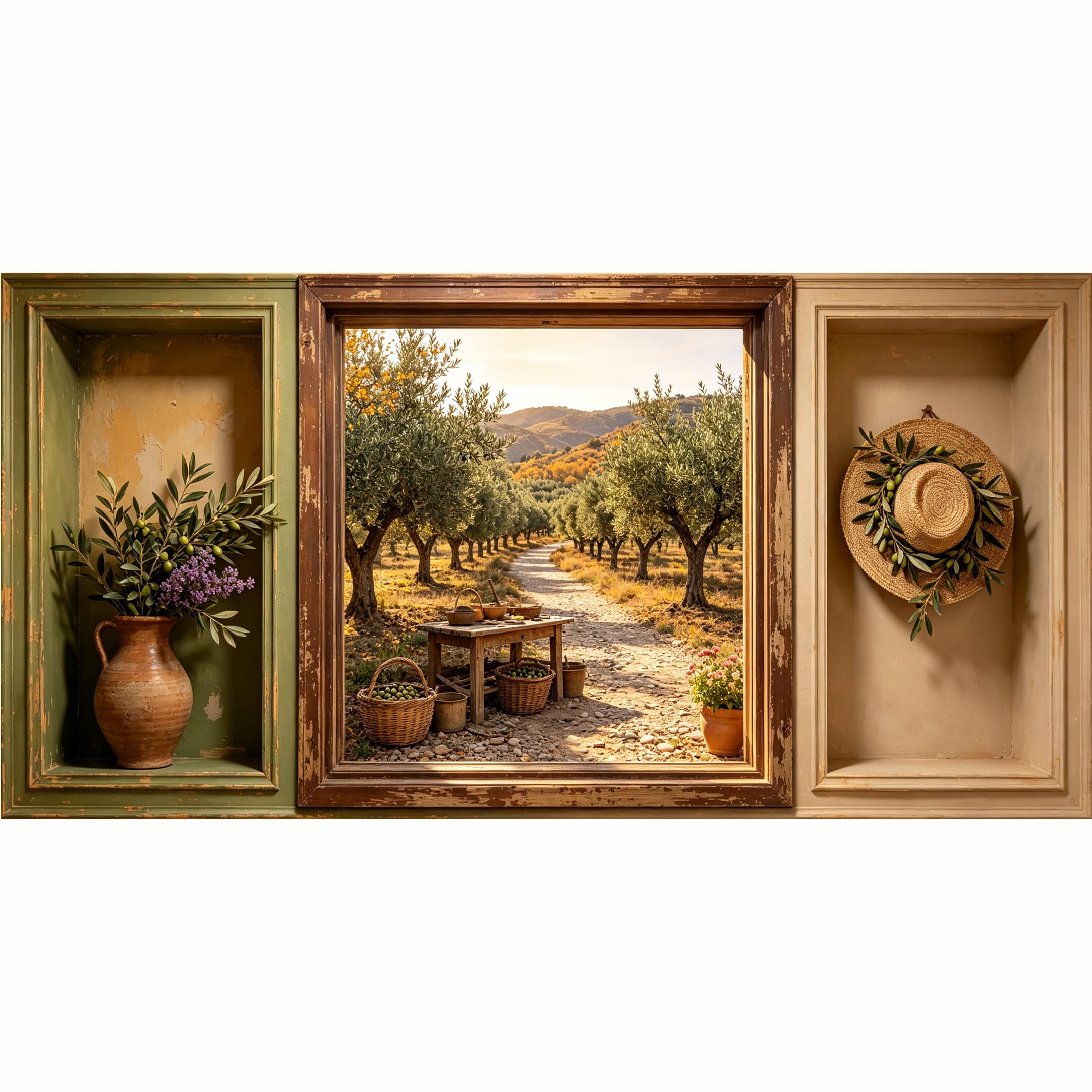 QZLITHOTIC 50x100cm 3D Framed Wall Art， Tuscan Olive Orchard Landscape Rustic Farmhouse Self‑Adhesive Mural， Water‑Activated Peel & Stick Fabric Decor Wall Decal for Bedroom Living Room