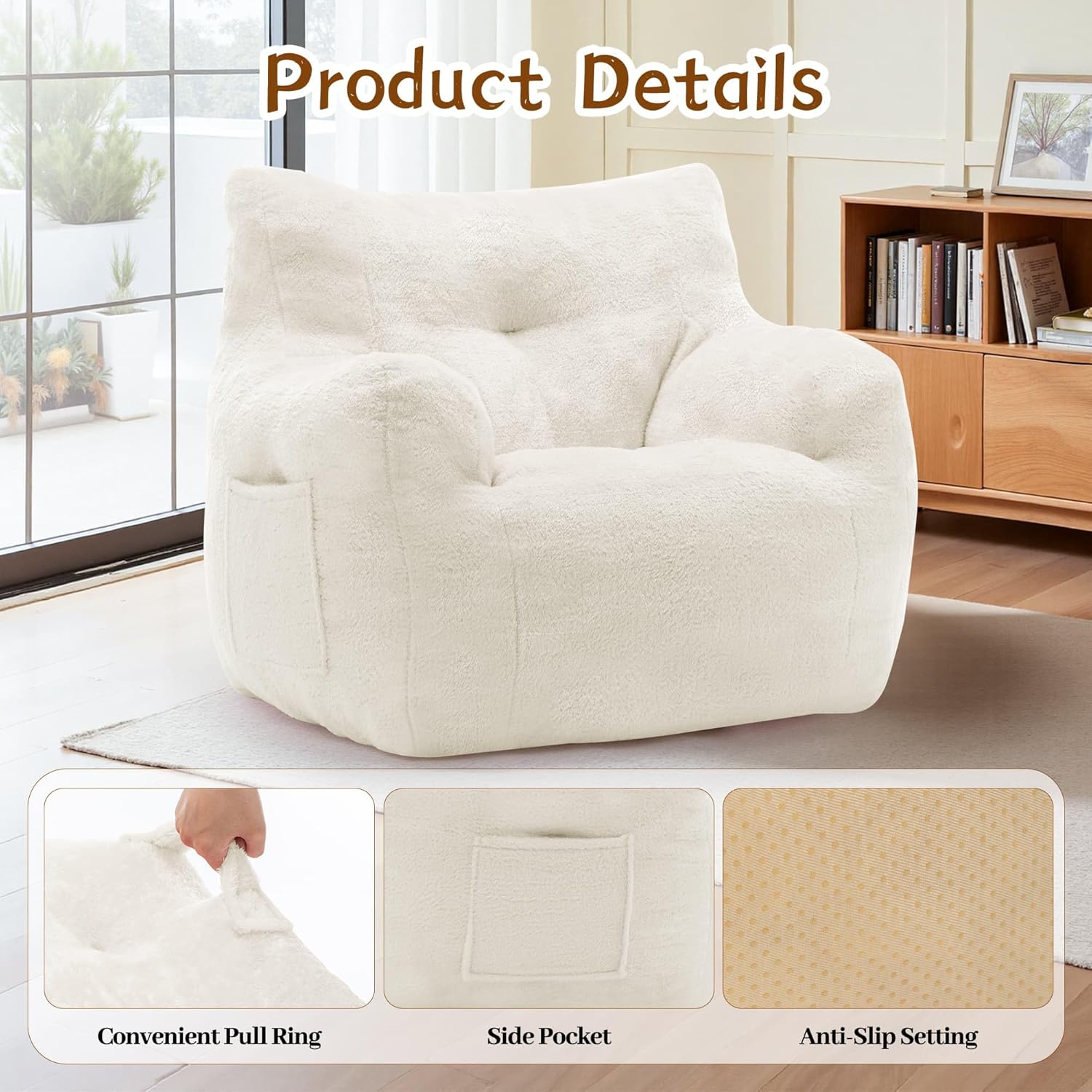 Bean Bag Chair for Adults and Kids, Small Comfy Beanbag Lounge Floor Sofa Reading Chair with Armrests, Mini Cloud Sofa for Living Room, Bedroom and Game Rooms, Plush Chair with Memory Foam