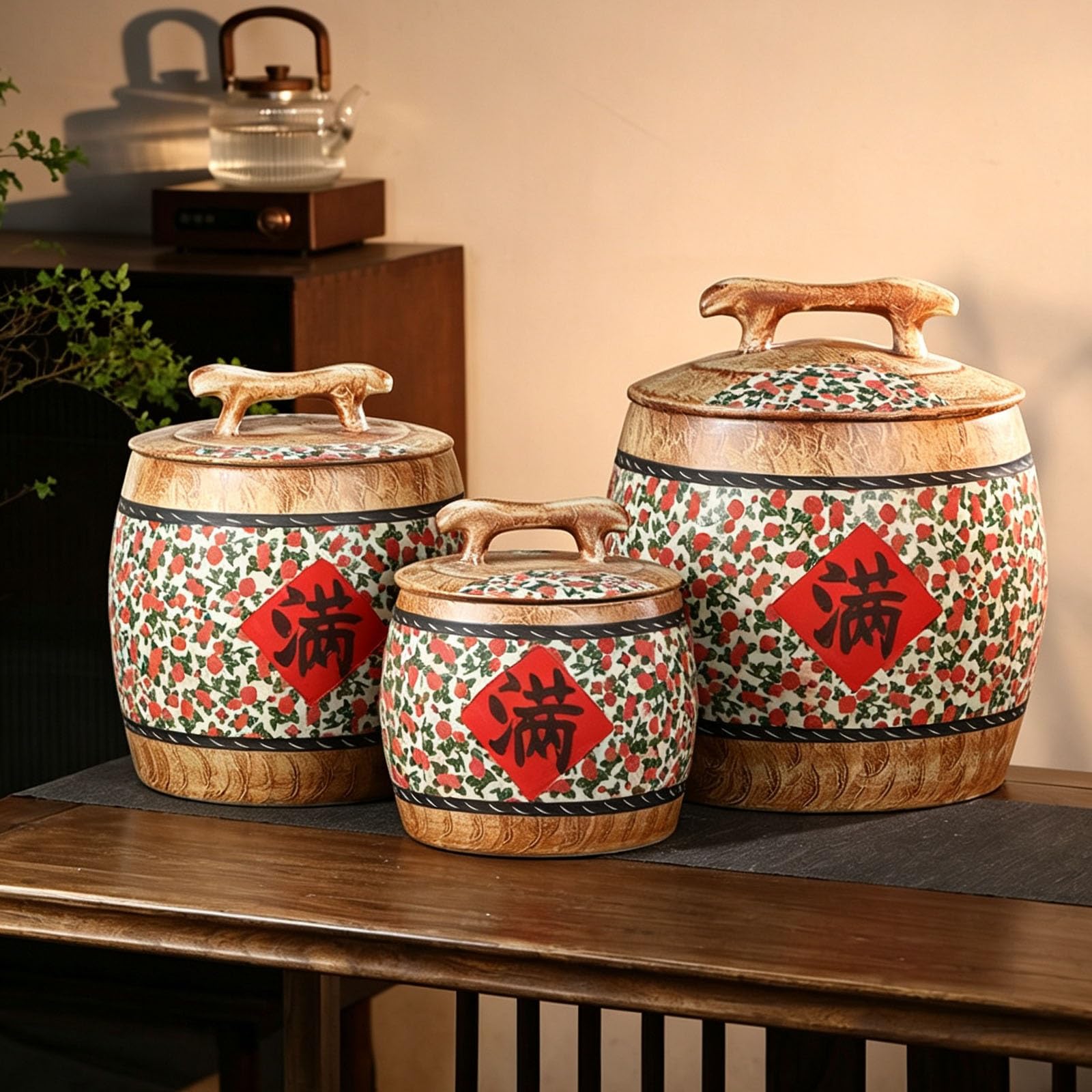 Reisglas aus Keramik mit Deckel, Getreideeimer im Chinesischen Stil mit Griff, Traditionelle Vorratsdosen for Lebensmittel for Nudeln, Snacks, Süßigkeiten(10 kg/22 lb,Green)