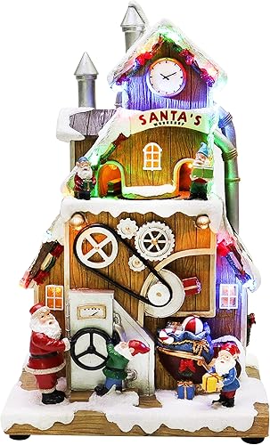 Moments in Time Edificio de pueblo navideño, taller de Papá Noel con música navideña, luces LED y animación, adaptador de corriente (incluido) (11.6