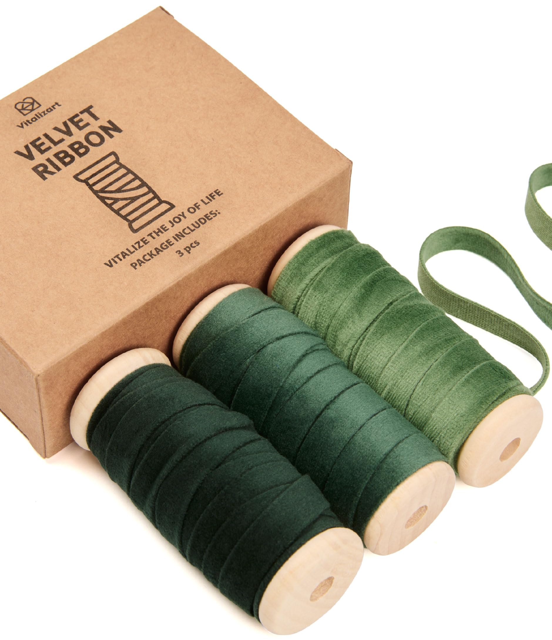 Vitalizart Velvet Ribbon Set 3/8" x 5Yd x 3 Rolls Green Series, Wooden Spool, Fabric Trim for Christmas Wreath Decoration, Handmade Craft, Ornaments, Gift Wrapping & Bow Making โ image 1