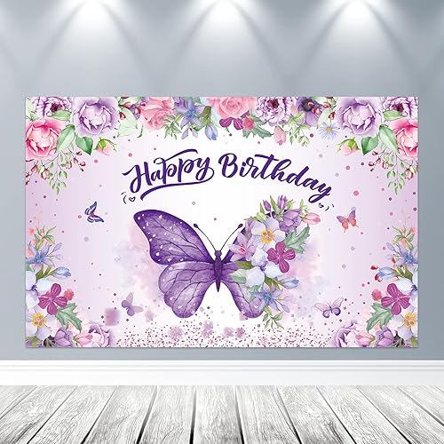 Telón de fondo de mariposa de feliz cumpleaños para niñas y mujeres, decoración de fiesta de cumpleaños, mariposa morada, letrero de cumpleaños,