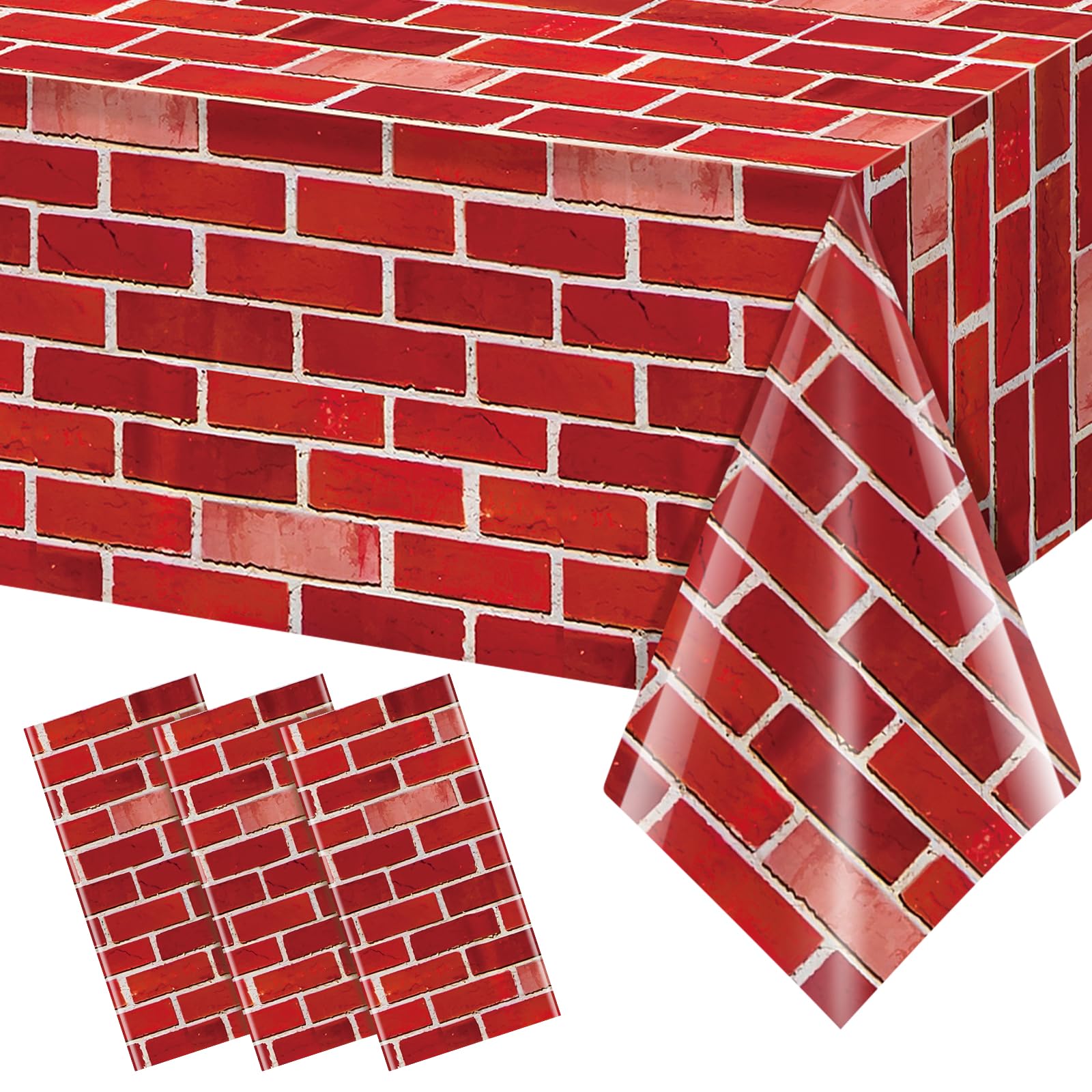 3 Pack 108x54 inch Red Brick Tablecloth,Brick Wrapping Wallpaper Backdrop Disposable Plastic Rectangular Table Covers Background for School Home