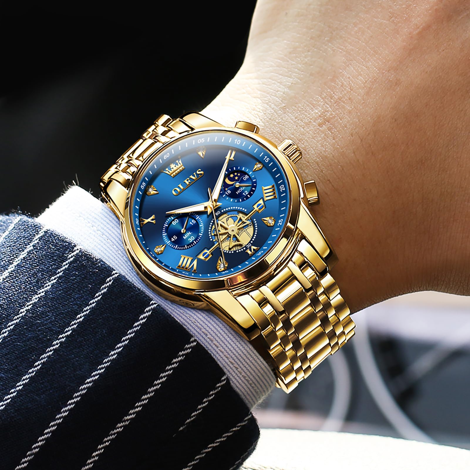 OLEVS Gold Chronograph Watch for Men Blue Face Roman Numerals Diamond Accent Luxury Mens Analog Dress Watch with Stainless Steel Bracelet Large Wrists Fancy Luminous Waterproof Male Wristwatch
