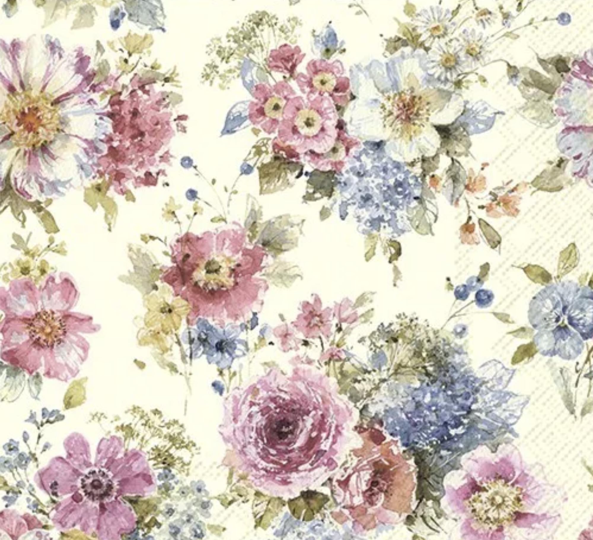 Set of 2 Individual Decoupage Paper Party Napkin Flowers Bunches Floral Watercolor Decor Luncheon Napkins for a Birthday Holiday, Wedding, Cocktail Party