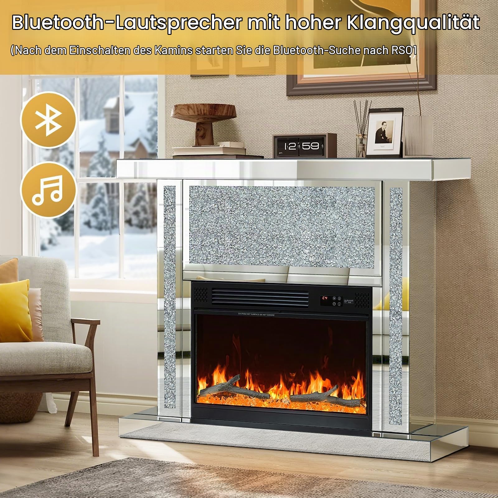 Verspiegelter Elektrokamin mit gebrochenem Diamant, Kaminaufsatz & Bluetooth-Lautsprecher, 7 Farben 3D-Flammeneffekt, Fernbedienung, silberner freistehender Kamin für Wohnzimmer, Schlafzimmer & Ecke