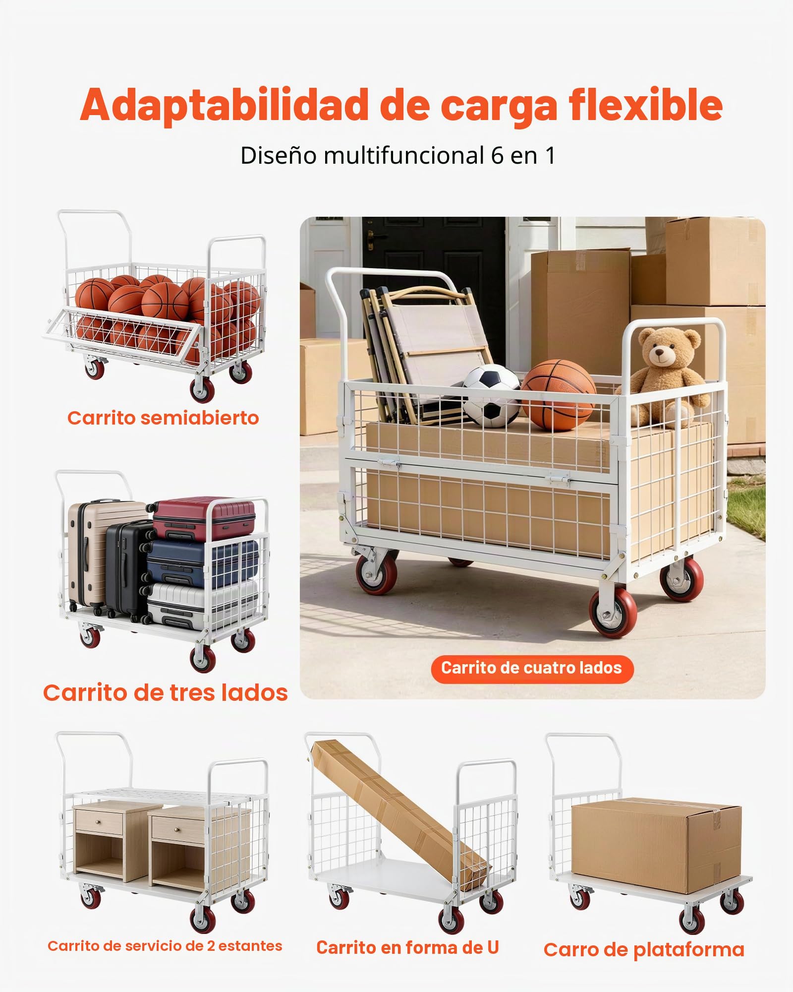 VEVOR Carro Plataforma Plegable con Jaula 1130 x 675 mm, Carretilla de Transporte Carga de 907,18 kg, Carrito Portaequipajes con Ruedas de PU de 150 mm, para Tareas Domésticas, Almacén, Mudanza
