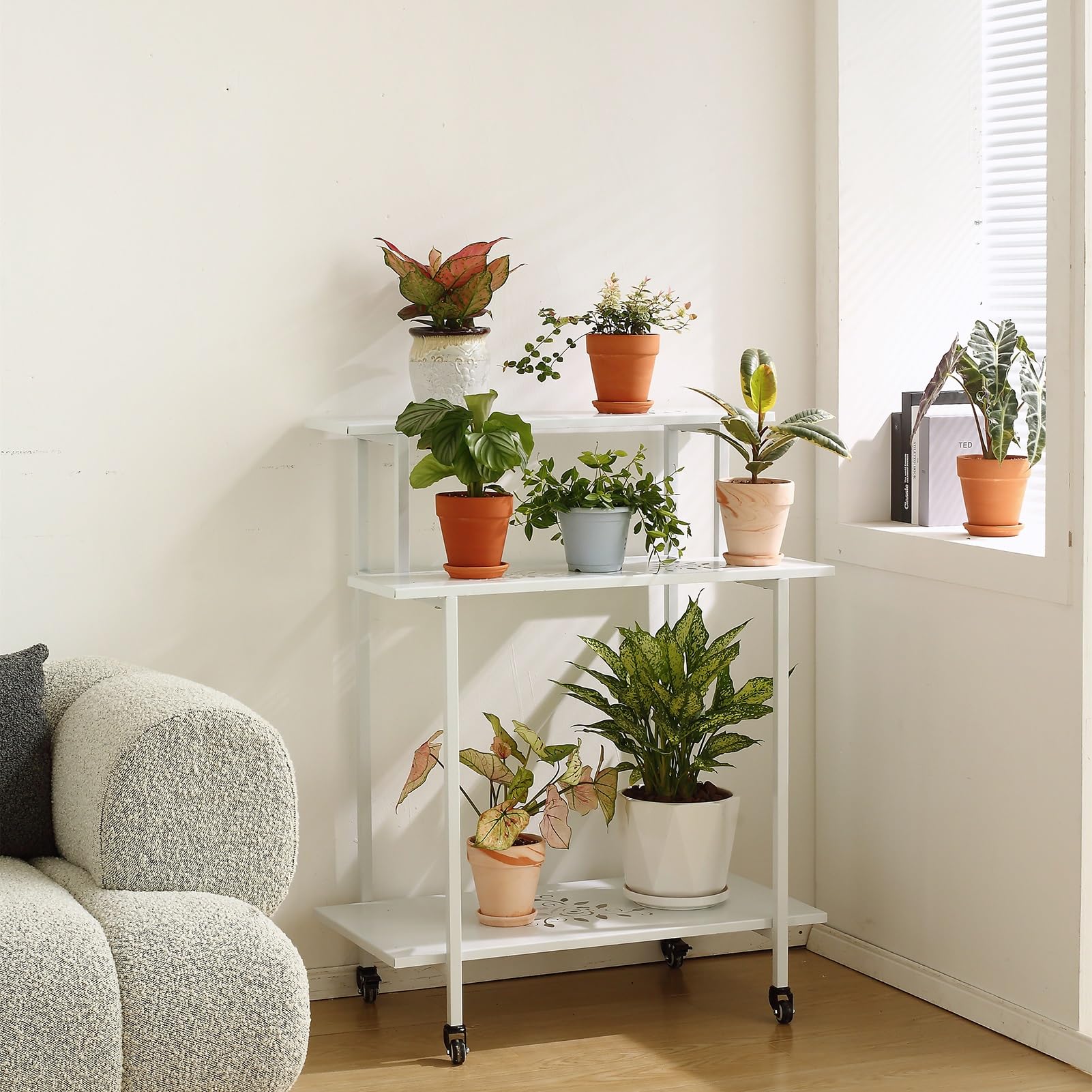 SnamicE Outdoor Planter Stand - Metal Plant Stand, 3 Tiers Home Flower Pot Stand, Standing Storage Shelf, Movable Plant and Flower Display Stand, for Home, Office, Garden, Patio,