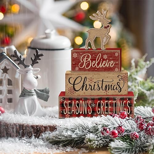 Miniatura 5 de Britimes Juego de 4 piezas de decoración de bandejas escalonadas de madera navideña, decoración de mesa a cuadros con diseño de renos, decoración