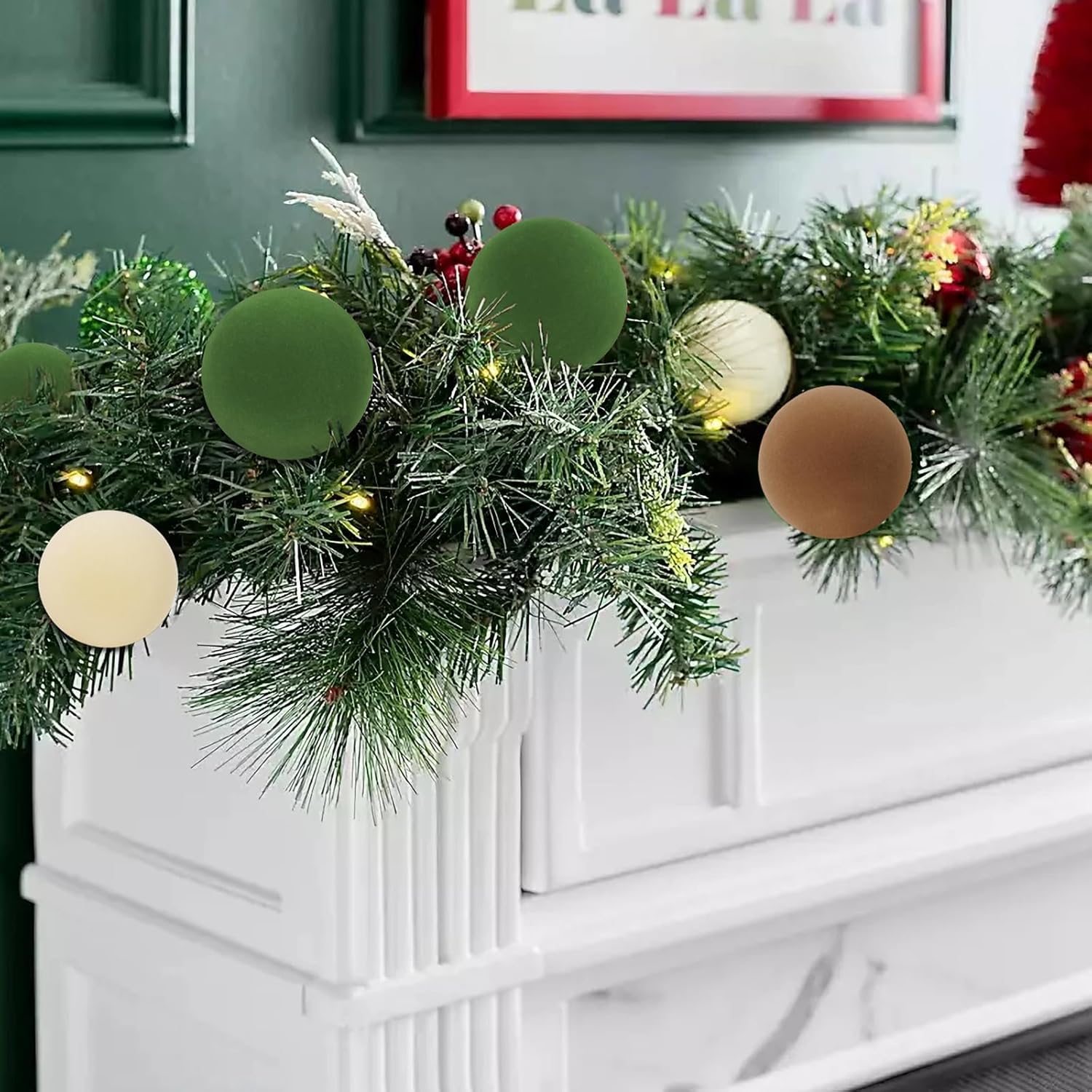 Waipfaru 45 Pcs Velvet Christmas Ornaments, Brown Green Neutral, Mixed Sizes (3.9, 3.1, 2.8 Inches), Flocked Texture, Christmas Tree Decor - Image 5