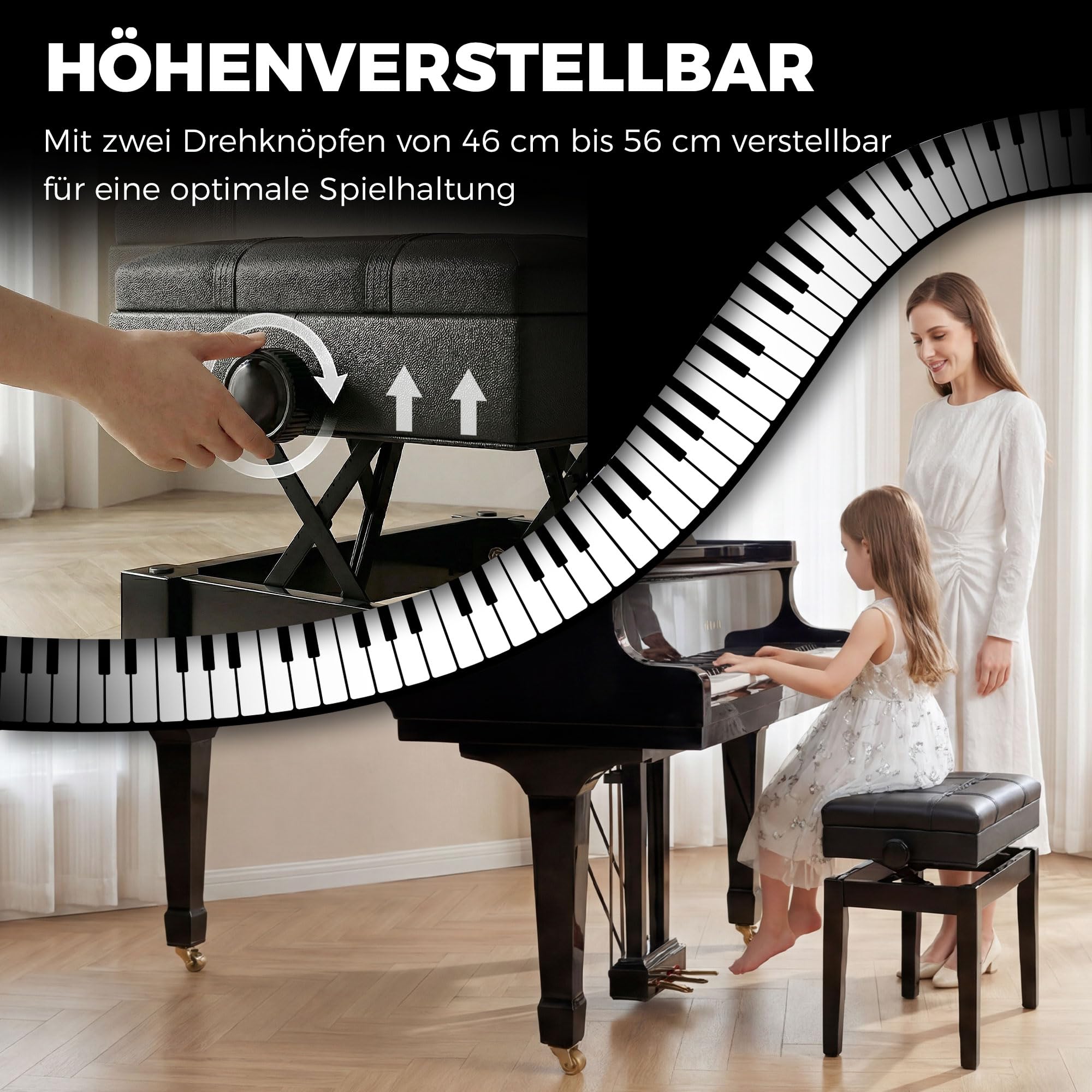 HOMCOM Regulowane krzesło do pianina, pianobank 63x35x46-56 cm czarny | Ławka do pianina z ukrytym schowkiem, poduszka skórzana eko, keyboardbank