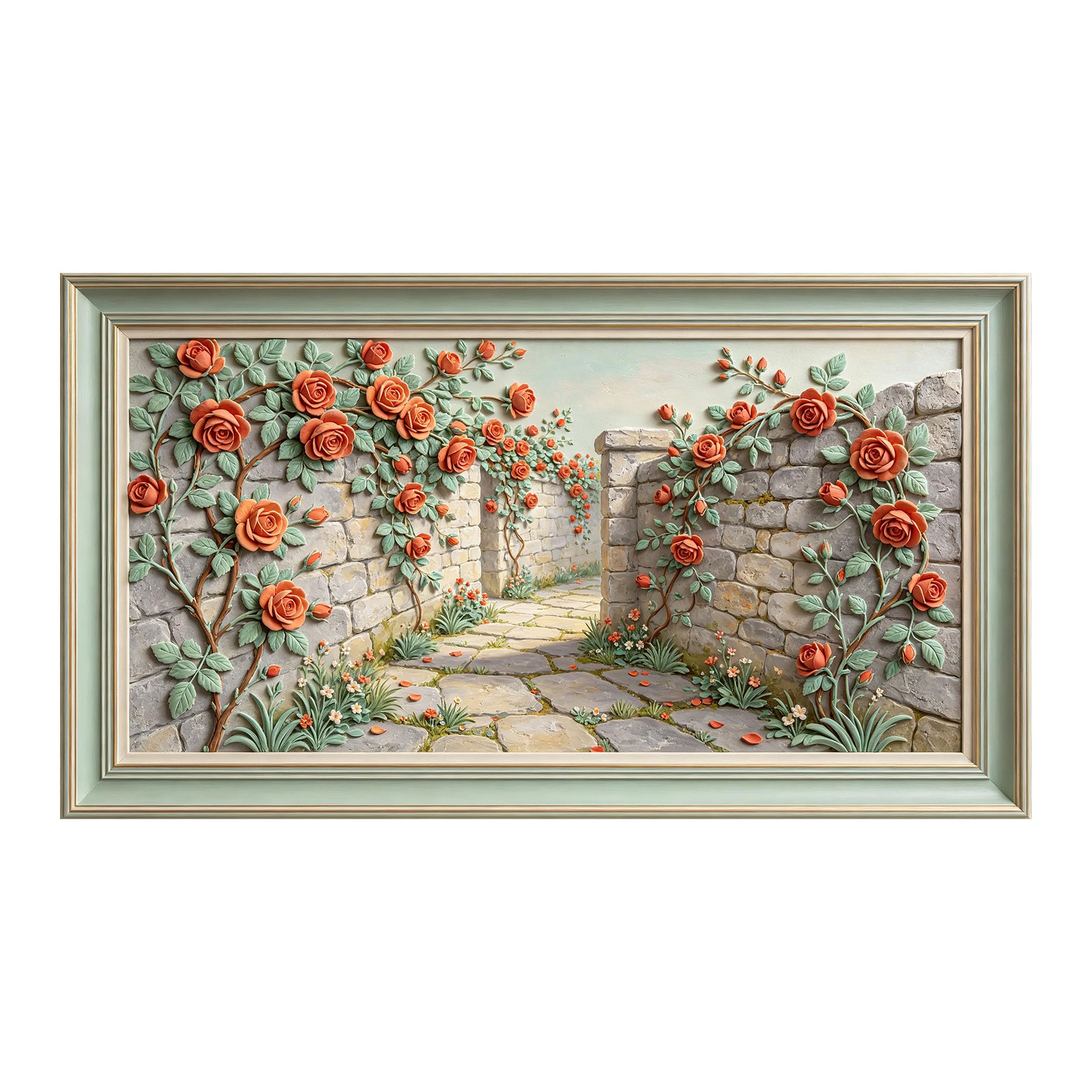 Murasolite 3D Framed Wall Art Provence Stone Alley Rose Garden Relief Effect SelfAdhesive Fabric Mural Wall Decor， Peel and Stick No Damage to Wall， AntiFall Safe Design for Bedroom Living Room