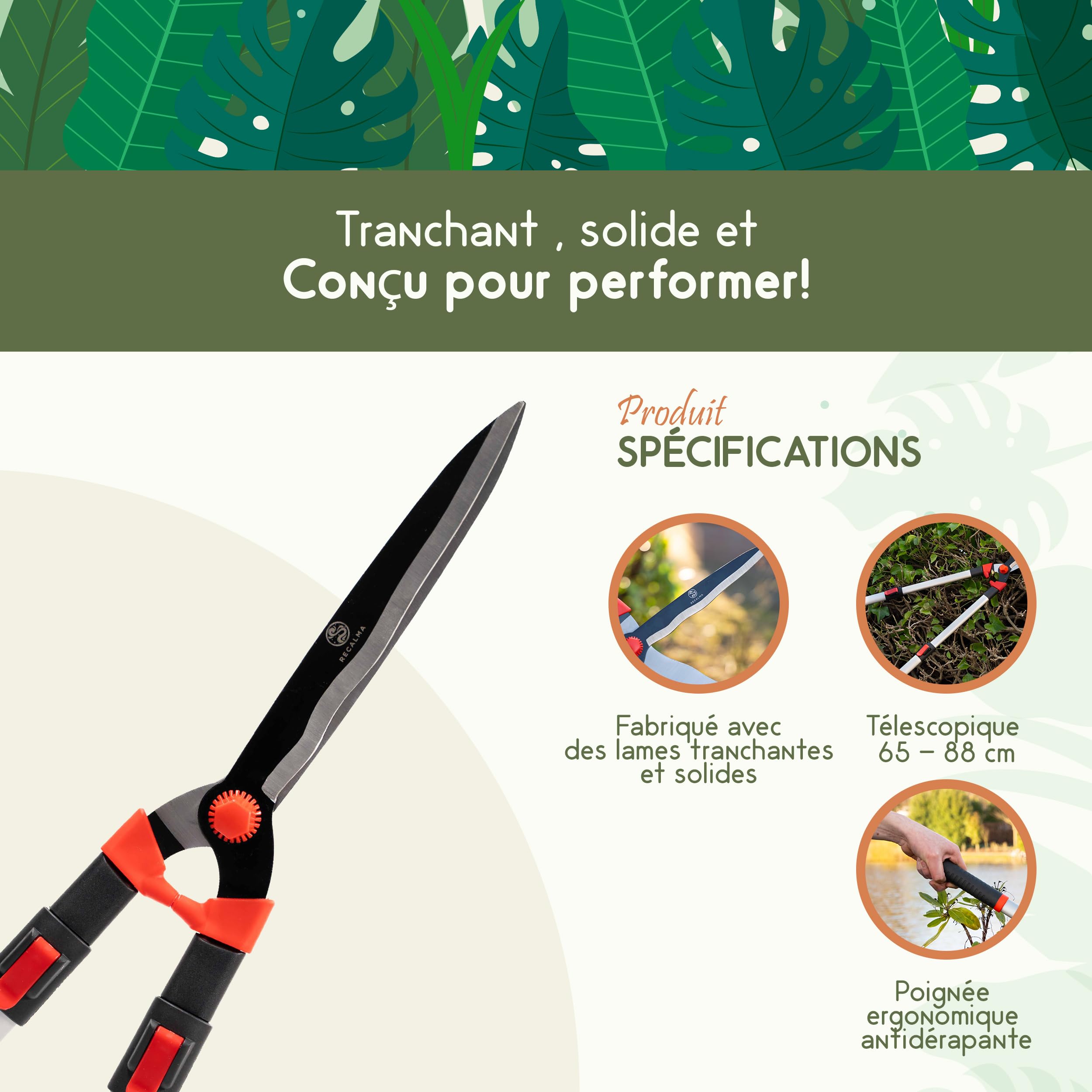 Taille-haie télescopique 65-85 cm – Sécateur de jardin de qualité supérieure avec lames en acier, sécateur combiné et cisaille à arbustes, manuel, rouge/noir
