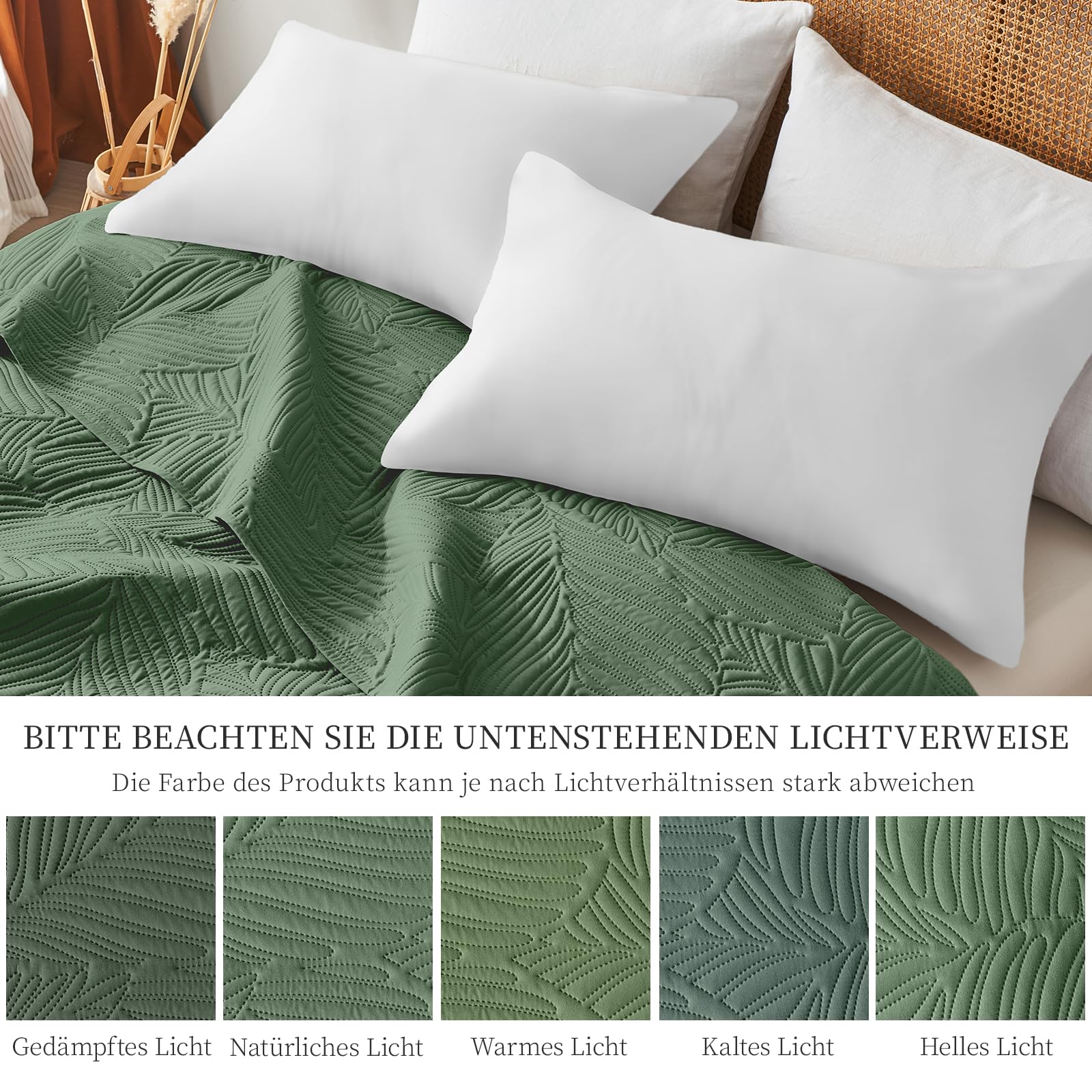 Tagesdecke 240x260 cm,Grün Ultrasonic Steppdecke,Leicht,Weich und Pflegeleicht,Doppelseitig,Bettüberwurf mit Blattmuster,Ideal für alle Jahreszeiten,Für Bett und Sofa