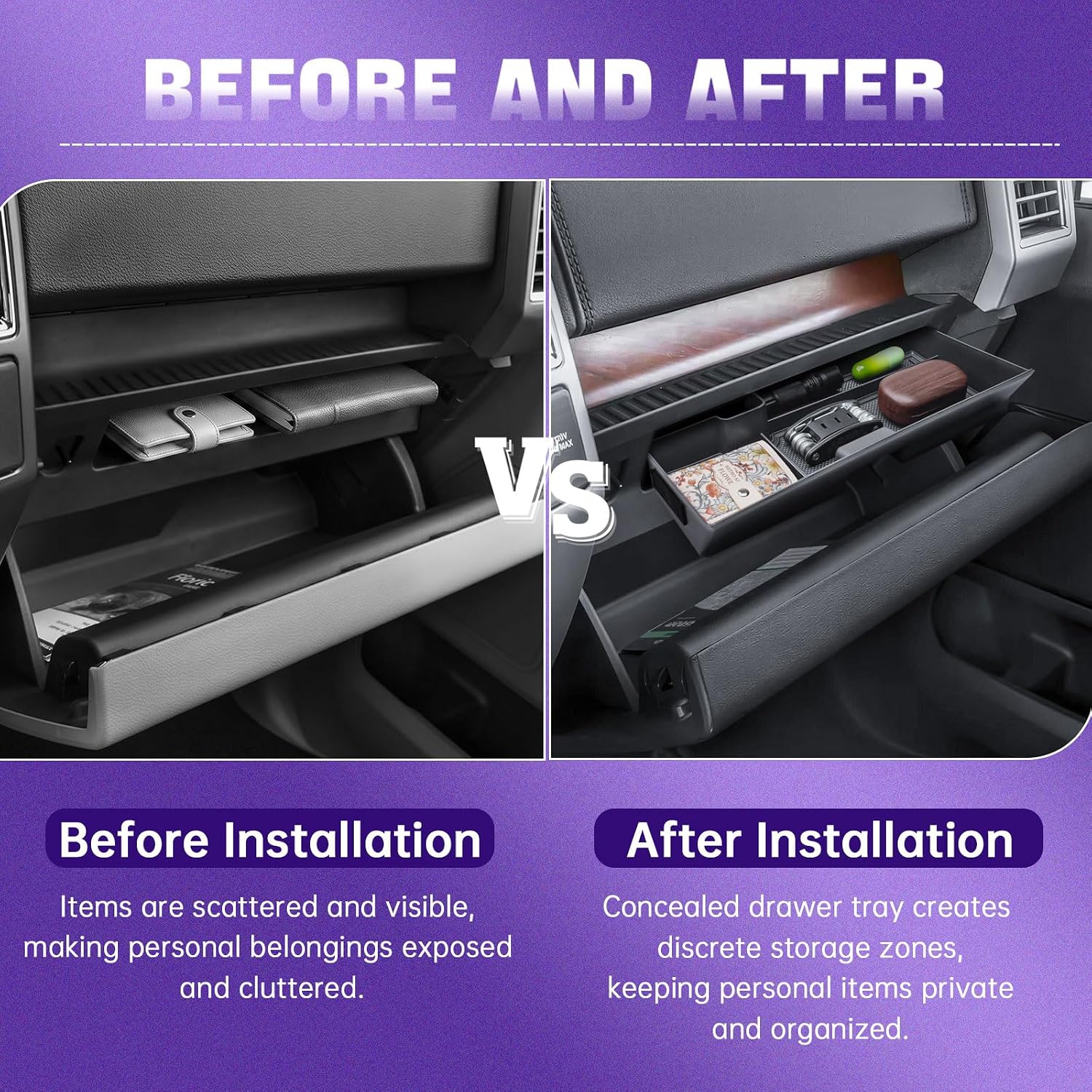 RUNROAD Center Console Organizer Tray Compatible with 2015-2020 Ford F150 Accessories, Glove Box Organizer for F 150 Hidden Compartment XL XLT Limited R aptor Lariat Glove Box Shelf Console Drawer