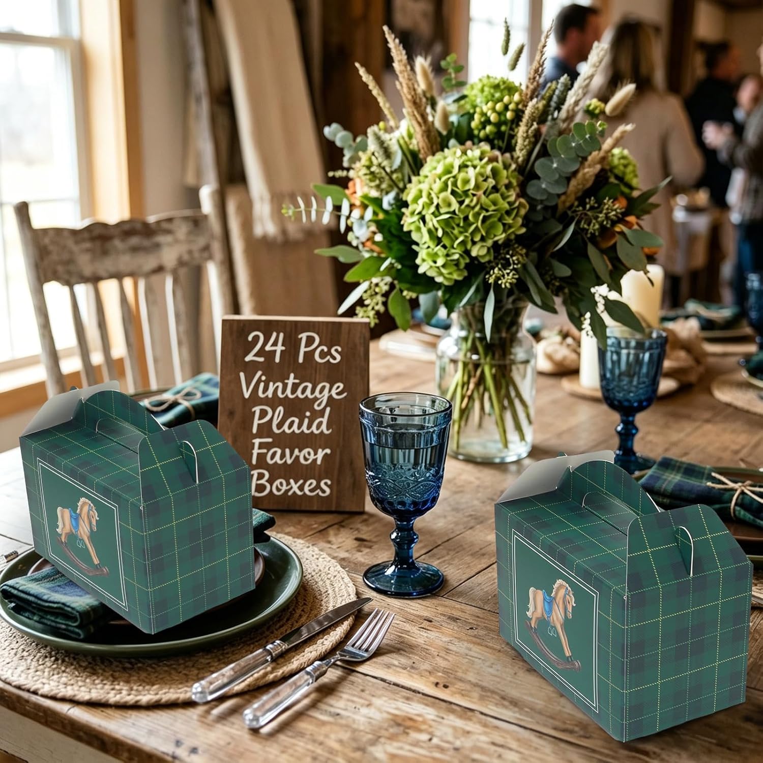JarThenaAMCS 24 Pcs Green Blue Tartan Plaid Bear Gift Boxes with Handle Vintage Baby Shower Goodie Candy Bag Cardboard Gable Box for Gender Reveal Wedding We Can Bearly Wait Birthday Party Decoration