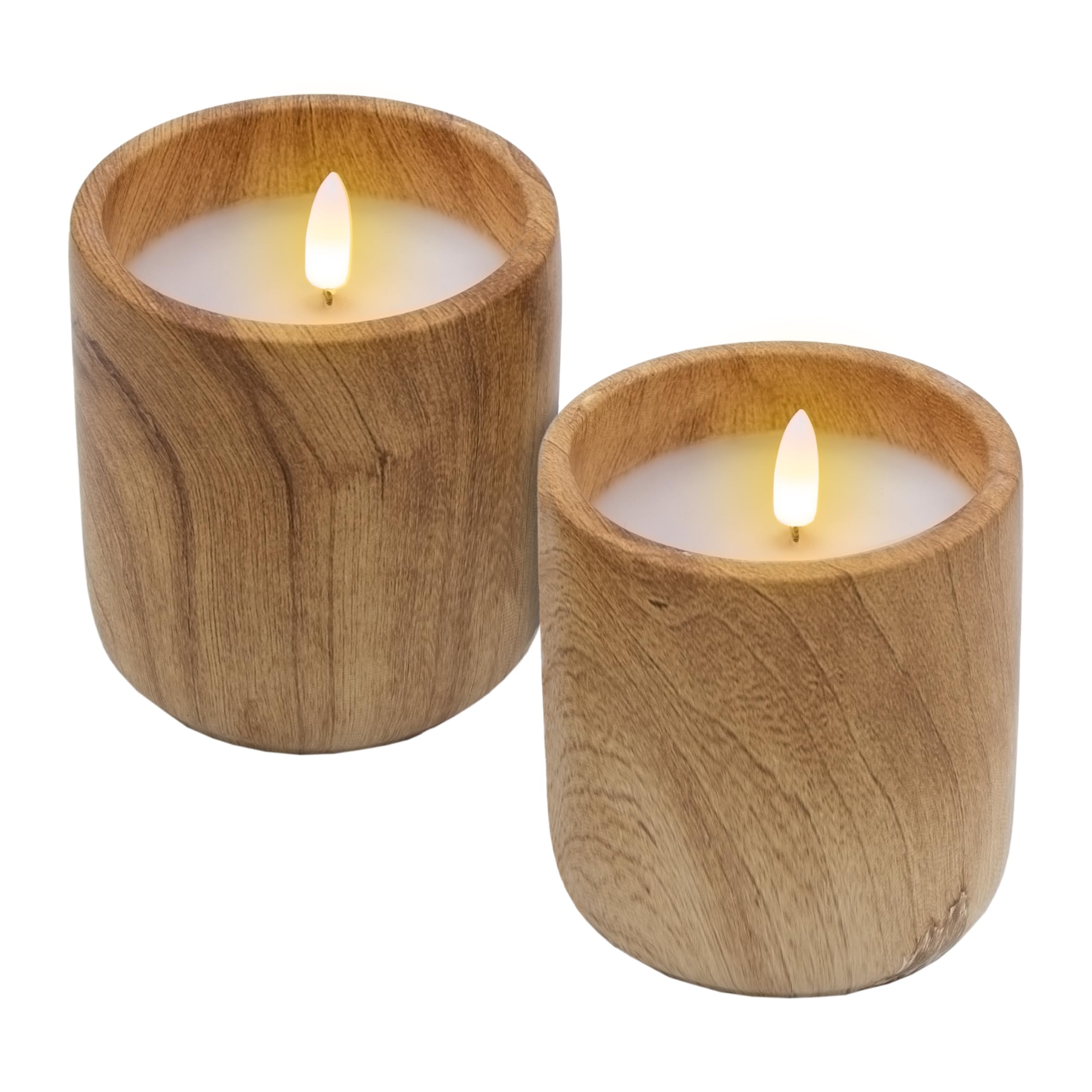 Spetebo LED Candle in Ceramic Mug with Wood Look, 10 x 9 cm, Set of 2, Decorative Candle Battery Operated with Timer Function, Decorative Mood Light, Artificial Flame with Flickering Effect for Indoor