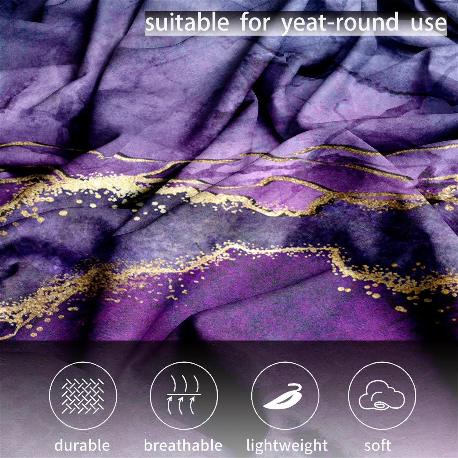 Bedding Drap Housse 160x200 cm Marbre Violet Draps-Housses Microfibre brossée Doux et Respirant Lavable en Machine pour des Matelas jusqu'à 30 cm de Hauteur