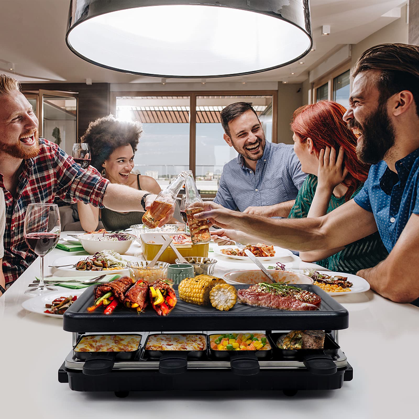 Raclette 8 Personen - Raclette Grill Antihaft Beschichtung Grillpfanne mit 8 Mini Raclette Pfännchen und 4 Holzspatel Raklettgerät, 1300W