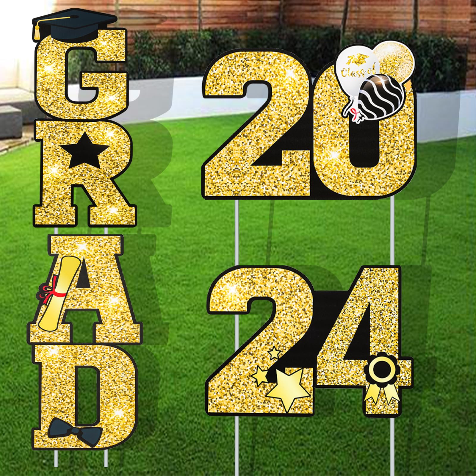 Heliltd4pcs Graduation Yard Signs Class of 2024 Congrats Grad Class of 2024 Lawn Signs with 8 Stakes for Outdoor High School College Congrats Graduation Party Decoration Supplies (Gold)