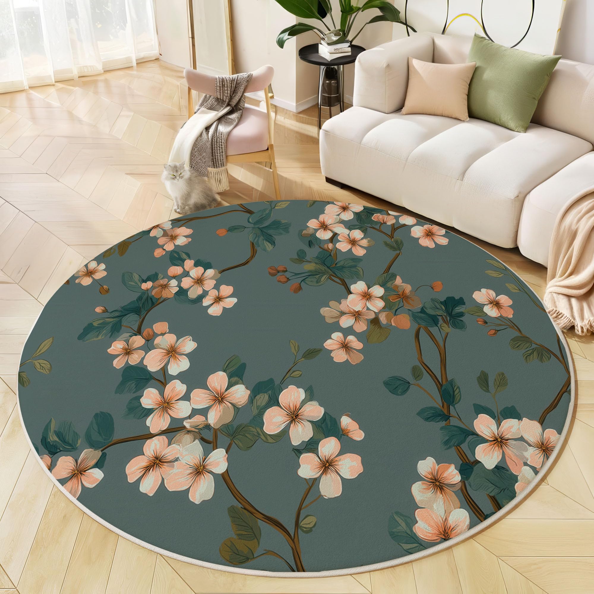 Tapis rond de style fleurs de pommier rose 160cm lavable et doux