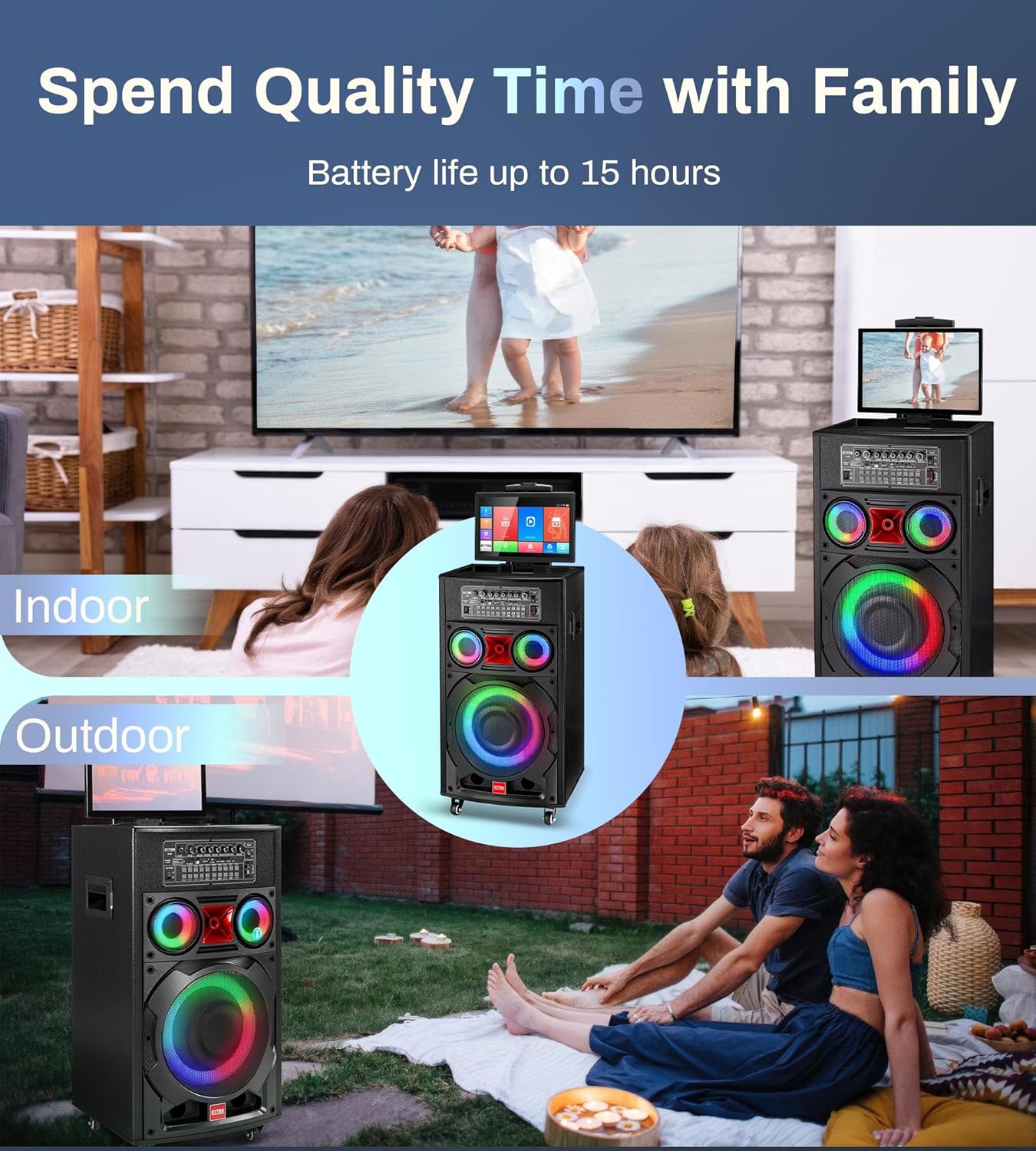 Karaoke Machine with Screen Lyrics Display for Adults 14.1" Touch Screen, Portable Karaoke Speaker PA System 800W Peak Power with 2 Wireless Mics, DJ Lights, WiFi, HDMI for Home TV Outdoor Party - Image 7