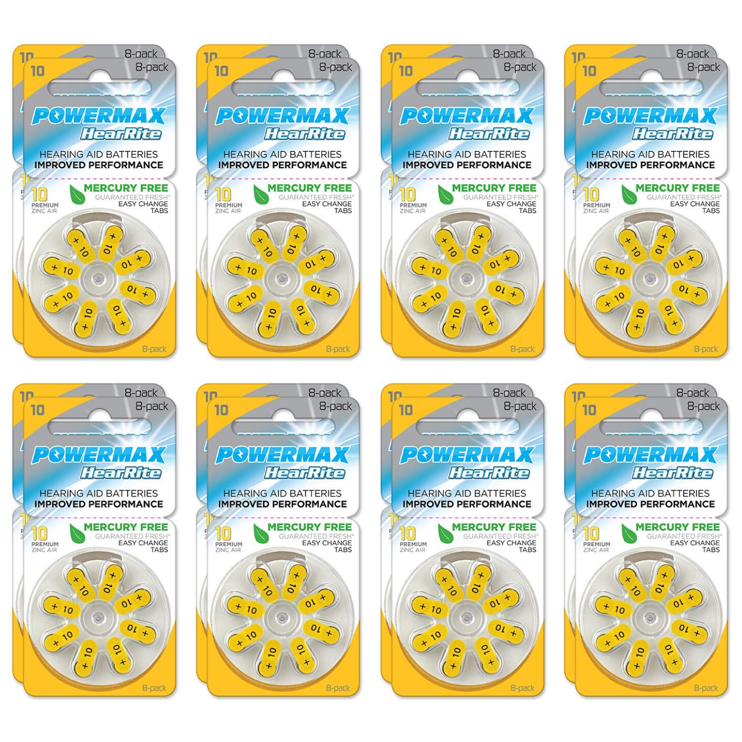 Powermax Size 10 Hearing Aid Batteries, 120 Count Long-Lasting Battery Pack, Yellow Long Tab for Easy Change