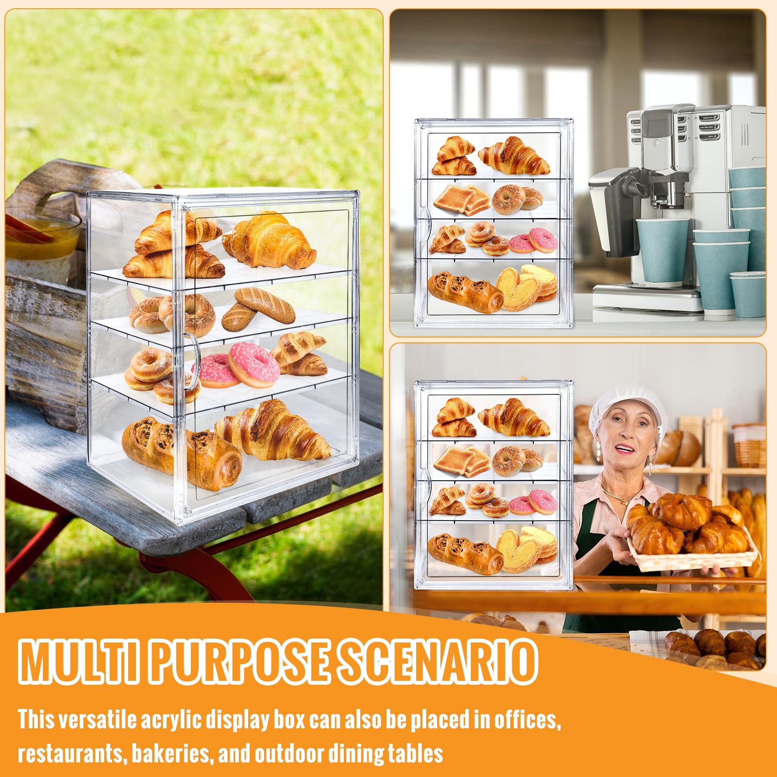 Gebäckvitrine, Brotbox für Küche, Arbeitsplatte, Gebäckvitrine, 4 Schichten, verstellbar, transparent, Brotaufbewahrung mit magnetischer Tür, Bäckereien, Gebäckdisplay für Küchentheke, Brothalter