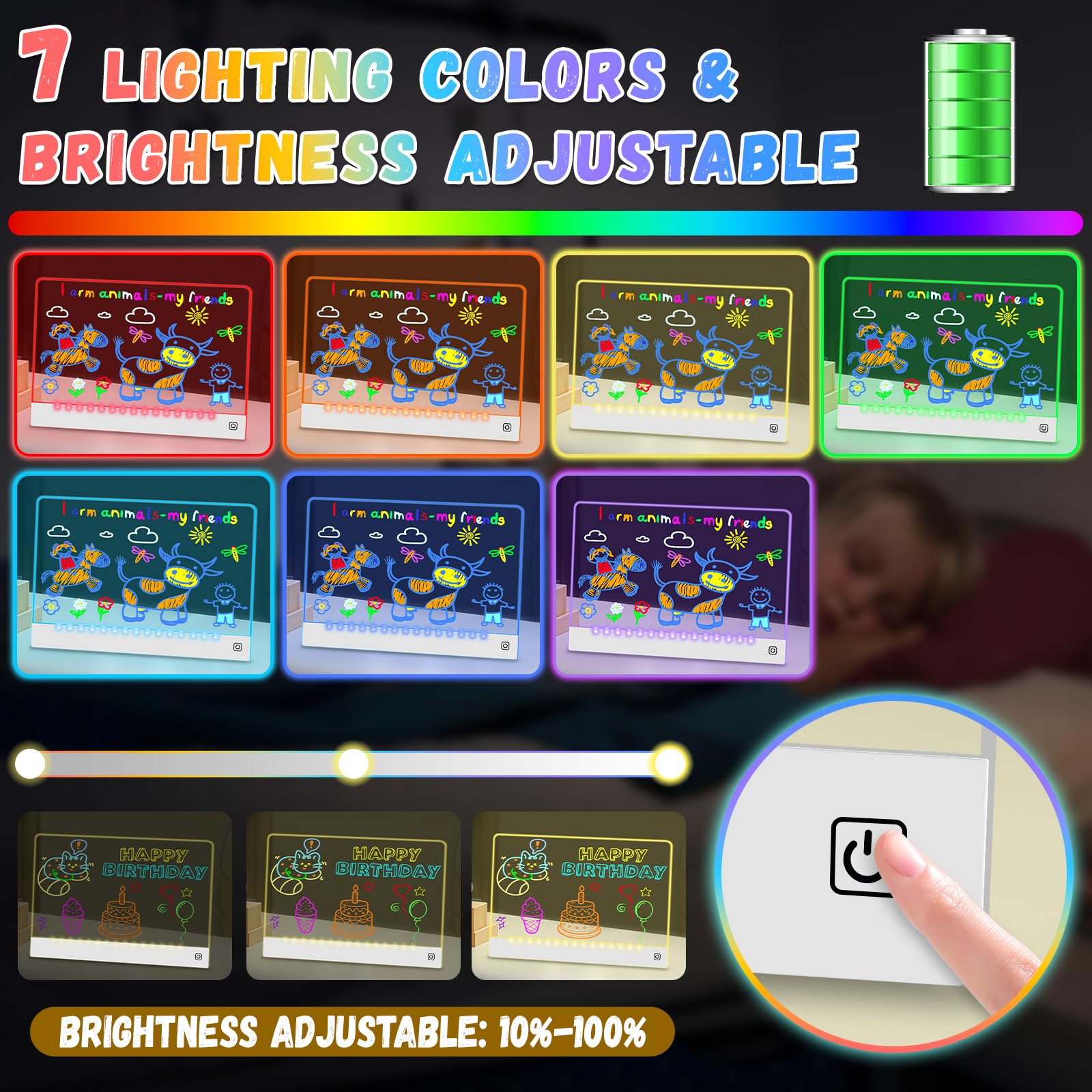 Tablero de dibujo LED de 16 pulgadas para niños, recargable, portátil, con 7 colores, acrílico iluminado de borrado en seco con soporte, regalos de Navidad y cumpleaños para niñas y niños 2