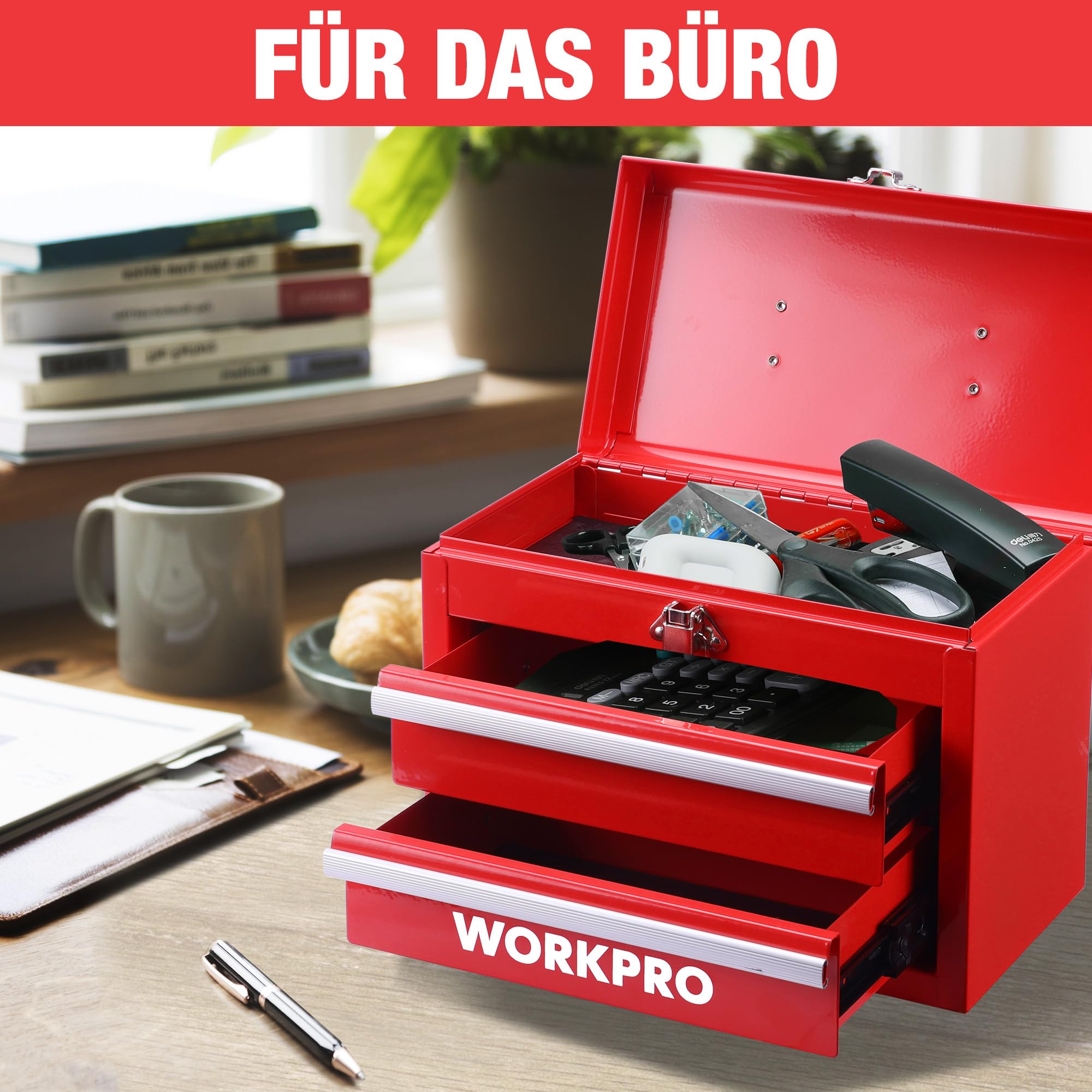 WORKPRO Metall Schubladenbox 2 Schubladen, Rot, Tisch Organizer | Tragbarer Organizer mit Griff und oberem Stauraum, ideal für Büro, Schreibtisch und Werkzeugaufbewahrung