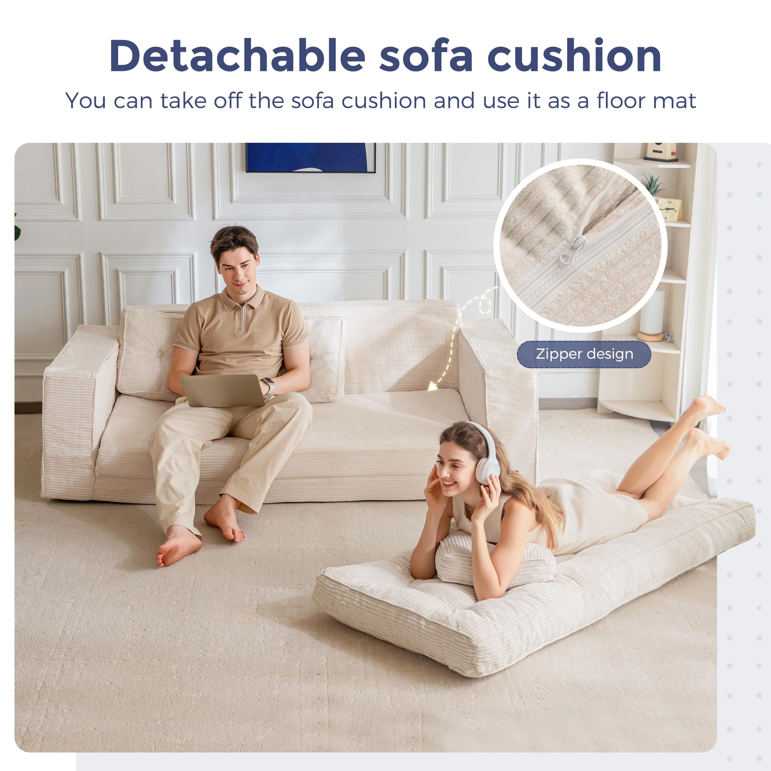 MAXYOYO Bodensofa Schlafsofa 190cm Breit mit Kissen, 2-in-1 Klappbar Cord Sofa 3 Sitzer mit Schlaffunktion, Liegefläche 101x196CM für Wohnzimmer, Schlafzimmer, Lounge | Ausziehbares Schlafsofa mit 2 Kissen, bequemes 2-in-1-Schlafsofa 3-Sitzer, 190x85 cm,