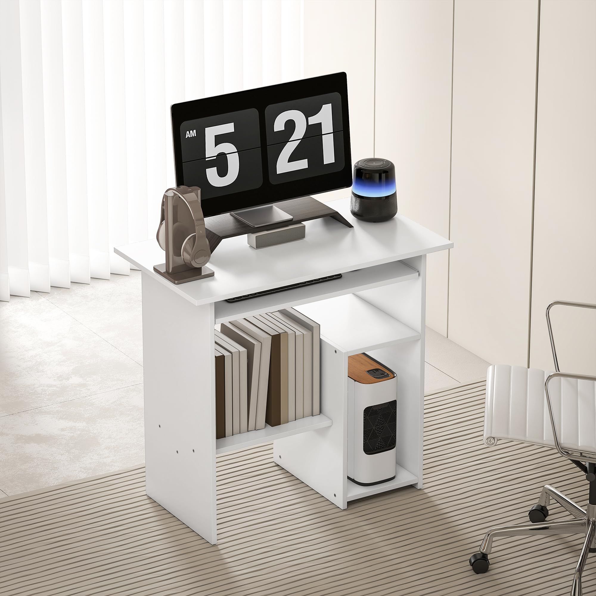 HOMCOM Schreibtisch mit Tastaturablage für Home Office 80 x 45 cm Weiß | Computertisch, Bürotisch, Offenen Fächern und Ablageflächen, Spanplatte, Schlafzimmer
