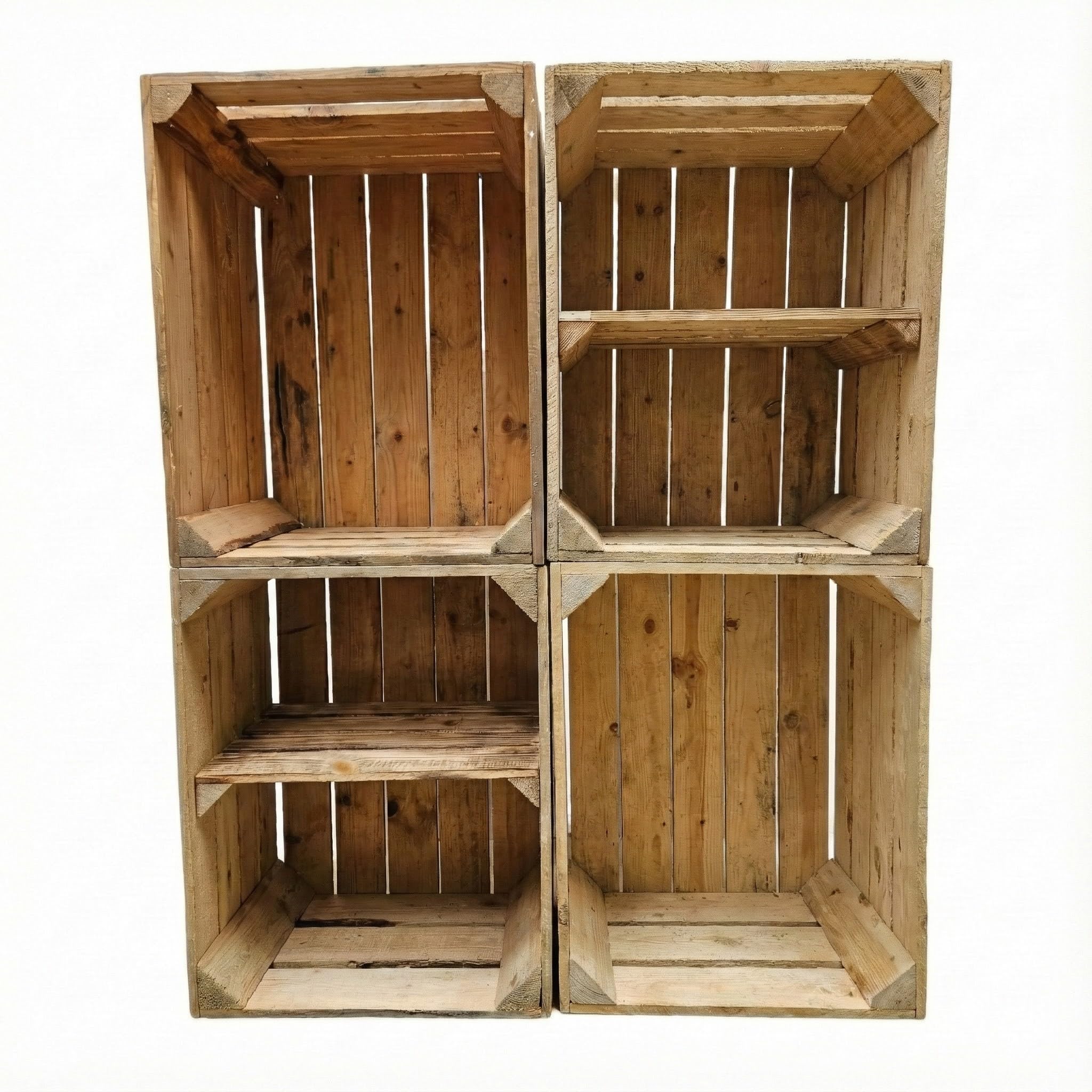 teramico Lot de 4 caisses en Bois d'occasion Vintage - Caisses à Fruits/vin d'origine de la Culture fruitière avec Compartiment de Rangement - 50 x 40 x 30 cm - Lot de 4-2 étagères Courtes