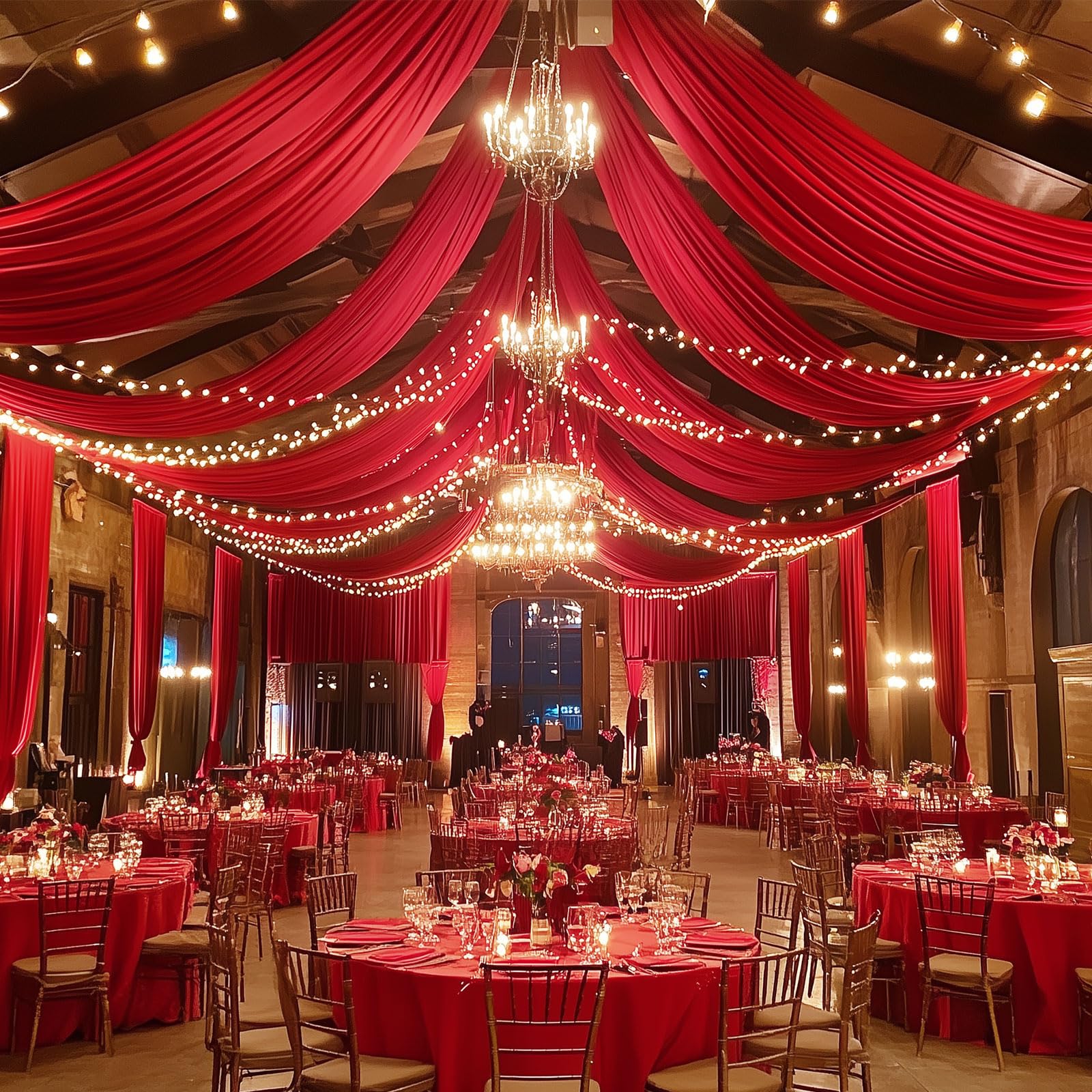 4 Panels 5x20ft Red Ceiling Drapes for Wedding Parties, Wrinkle Free Thick Polyester 20ft Extra Long Wedding Draping Red Ceiling Curtains Arch Drapery