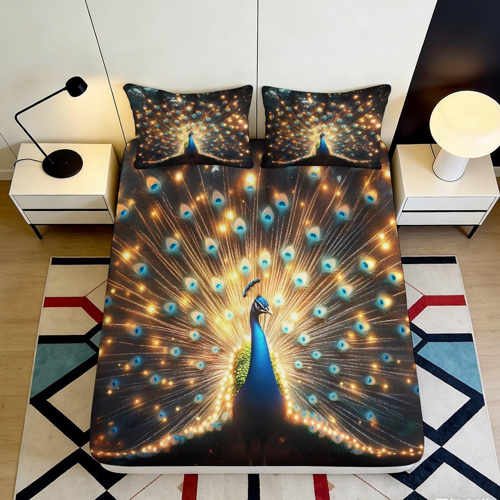 Pnayamiorkfel Style-10 3D Printed Peacock Feather Fitted Sheet Microfiber Anti-Slip Mattress Cover For Bedroom Guest Room Easy Care Decor 90X200x25cm