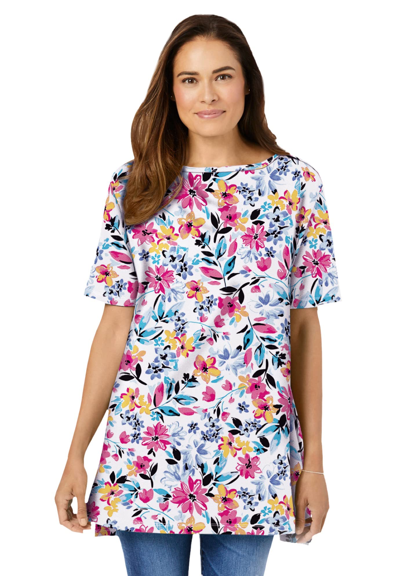 Woman Within Plus Size Perfect Printed Short-Sleeve Boatneck Tunic